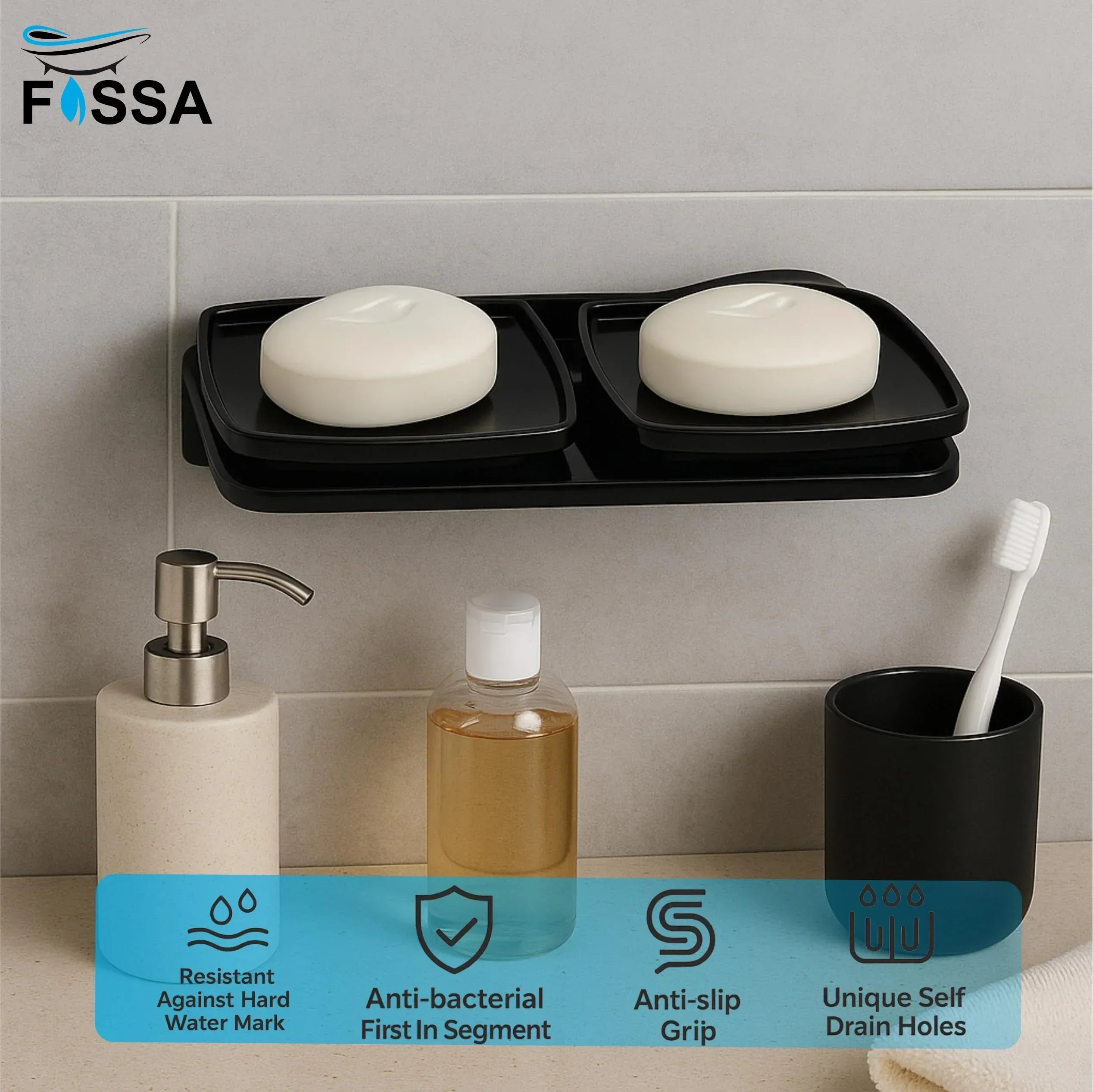 Black Double Soap Dish Unbreakable Abs Square Ceramic Finish (RB-116) - Image 3