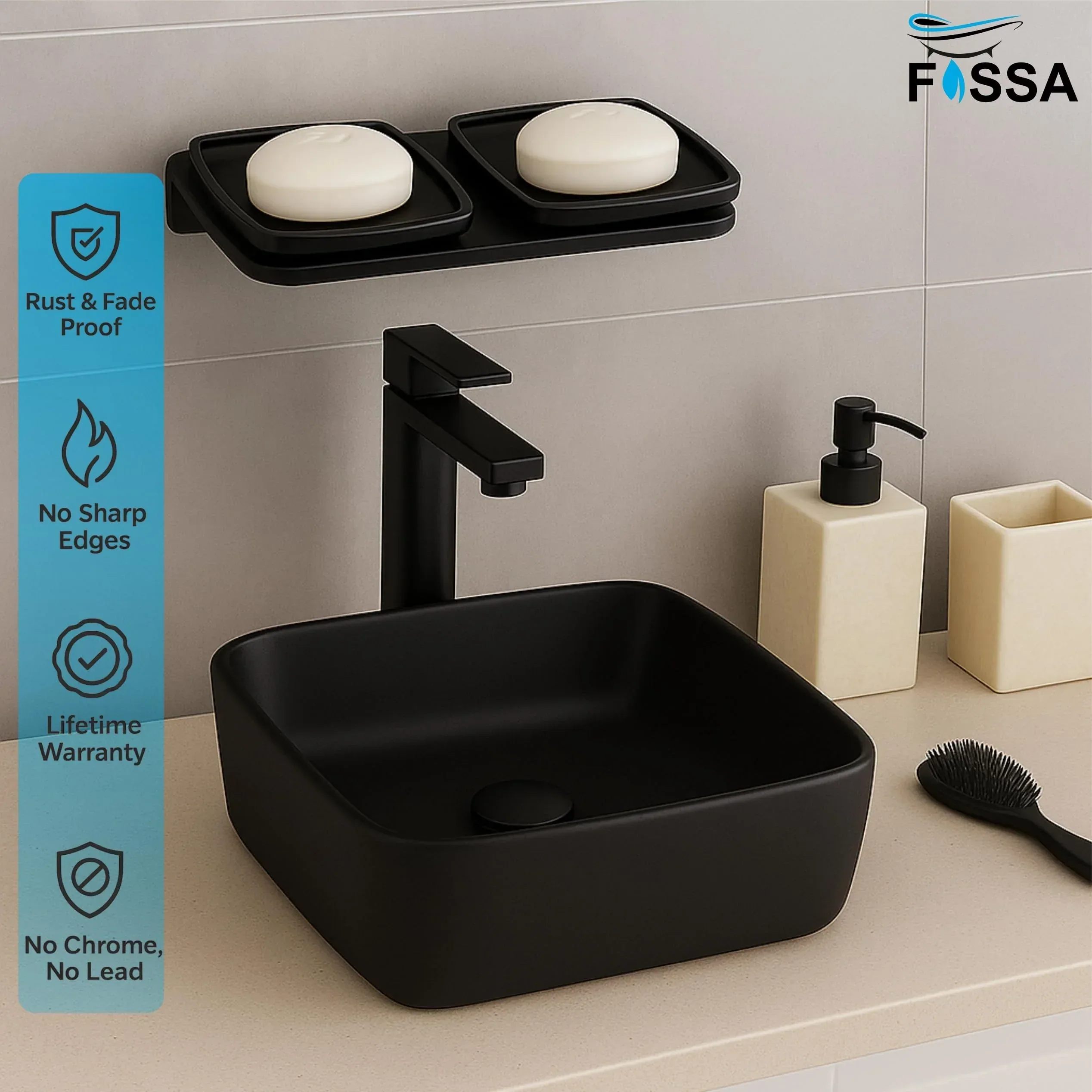 Black Double Soap Dish Unbreakable Abs Square Ceramic Finish (RB-116) - Image 4