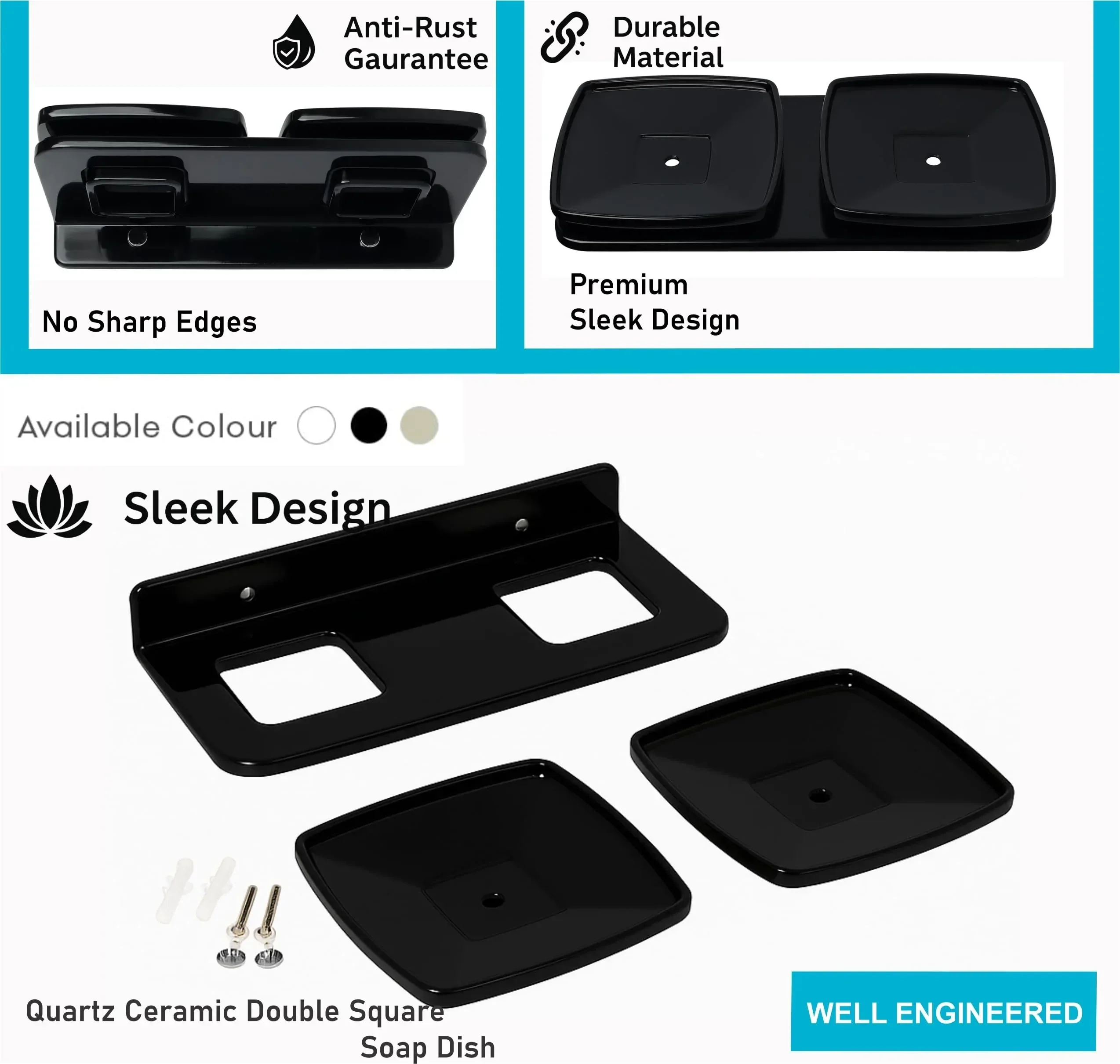 Black Double Soap Dish Unbreakable Abs Square Ceramic Finish (RB-116) - Image 5
