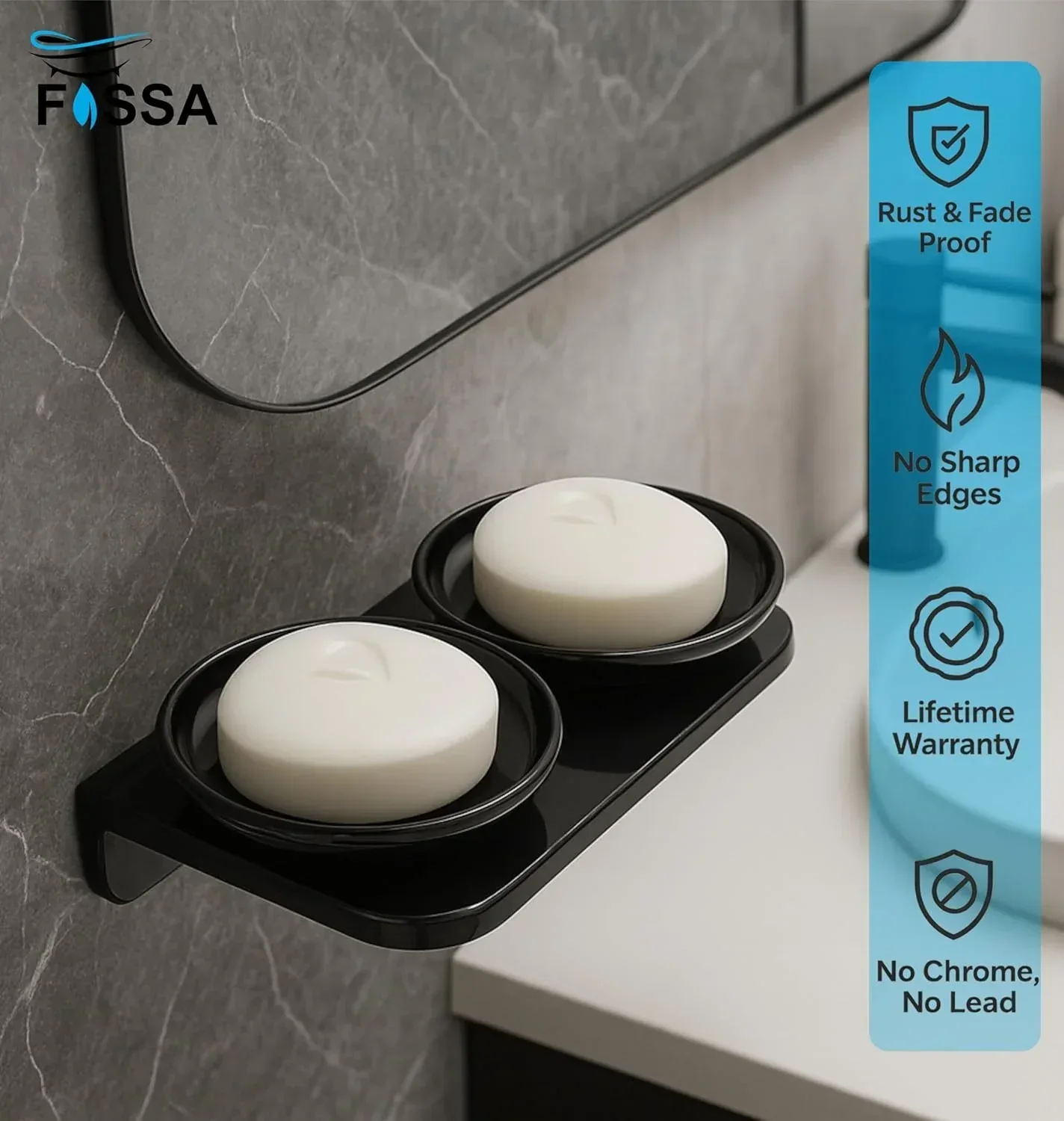Ceramic Black Unbreakable Double Soap Dish Round Glossy Finish (RB-122) - Image 2