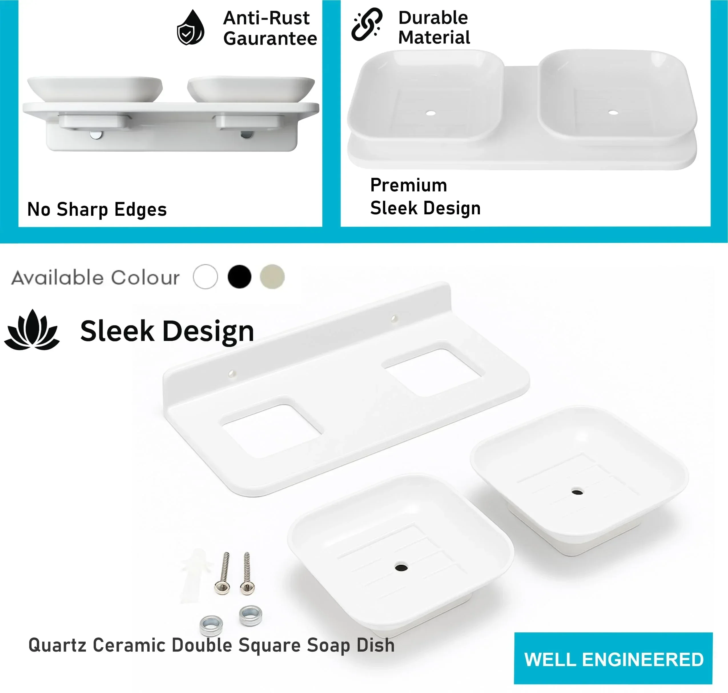 White Double Soap Dish Unbreakable Abs Rectangular Ceramic Finish (RW-112) - Image 4
