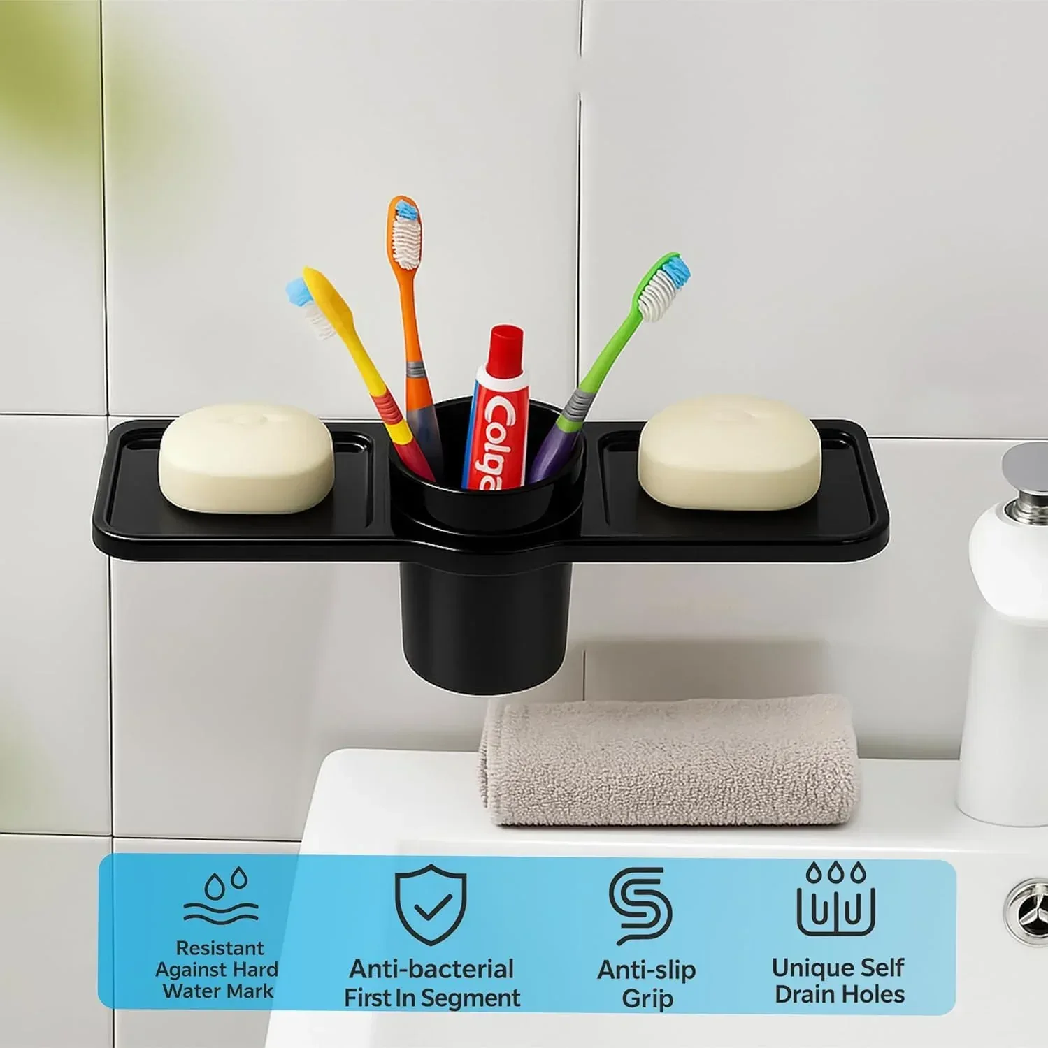 Ceramic Black Double Soap Dish with Glass Unbreakable Triangular Glossy Finish (RB-119) - Image 3
