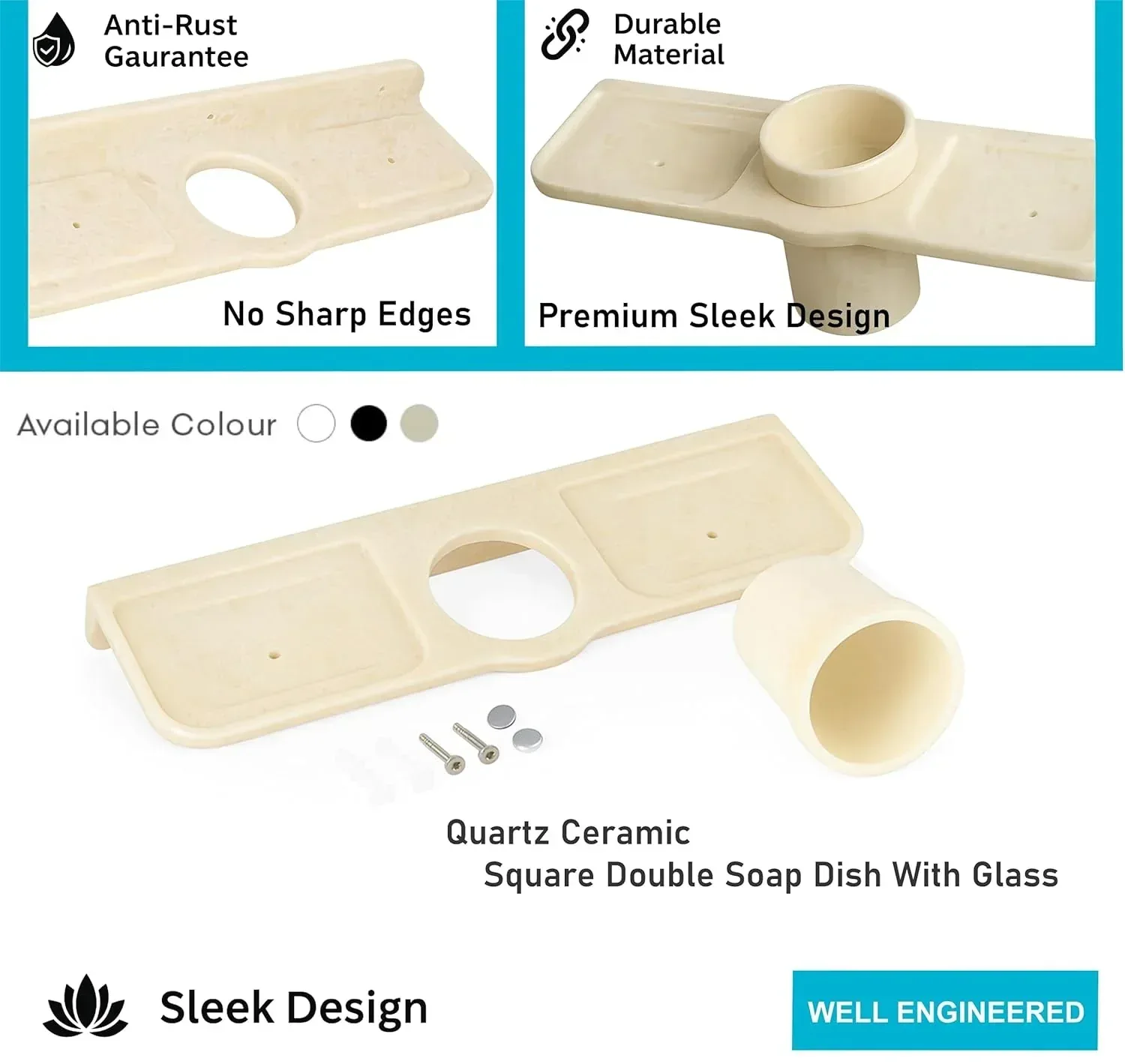 Ceramic Ivory Double Soap Dish with Glass Unbreakable Triangular Glossy Finish (RM-119) - Image 3