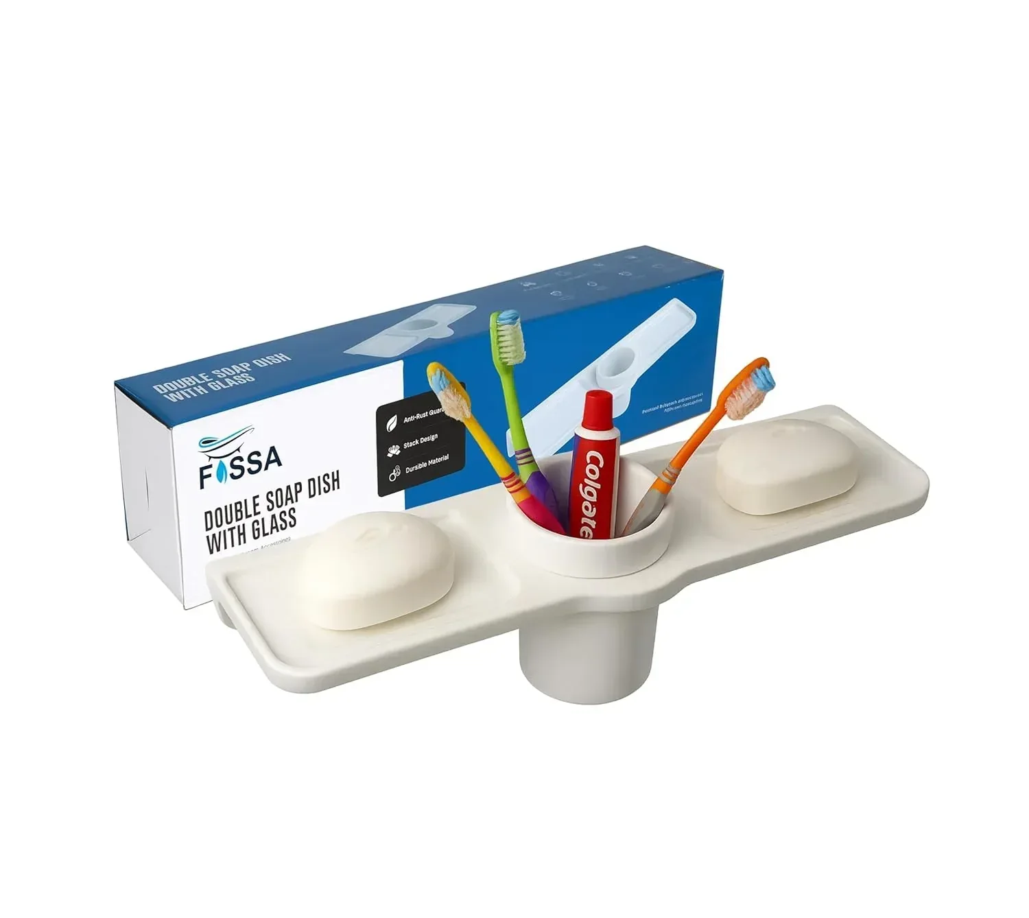 Ceramic White Unbreakable Double Soap Dish with Glass Triangular Glossy Finish (RW-119)
