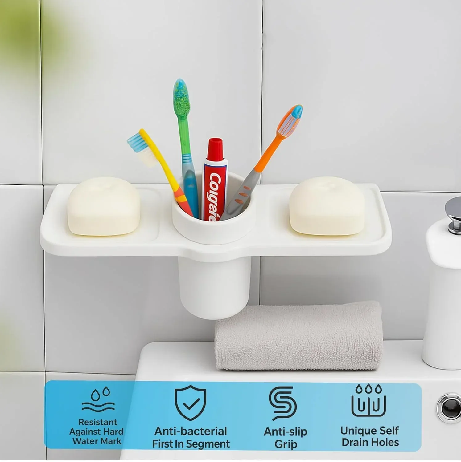 Ceramic White Unbreakable Double Soap Dish with Glass Triangular Glossy Finish (RW-119) - Image 2