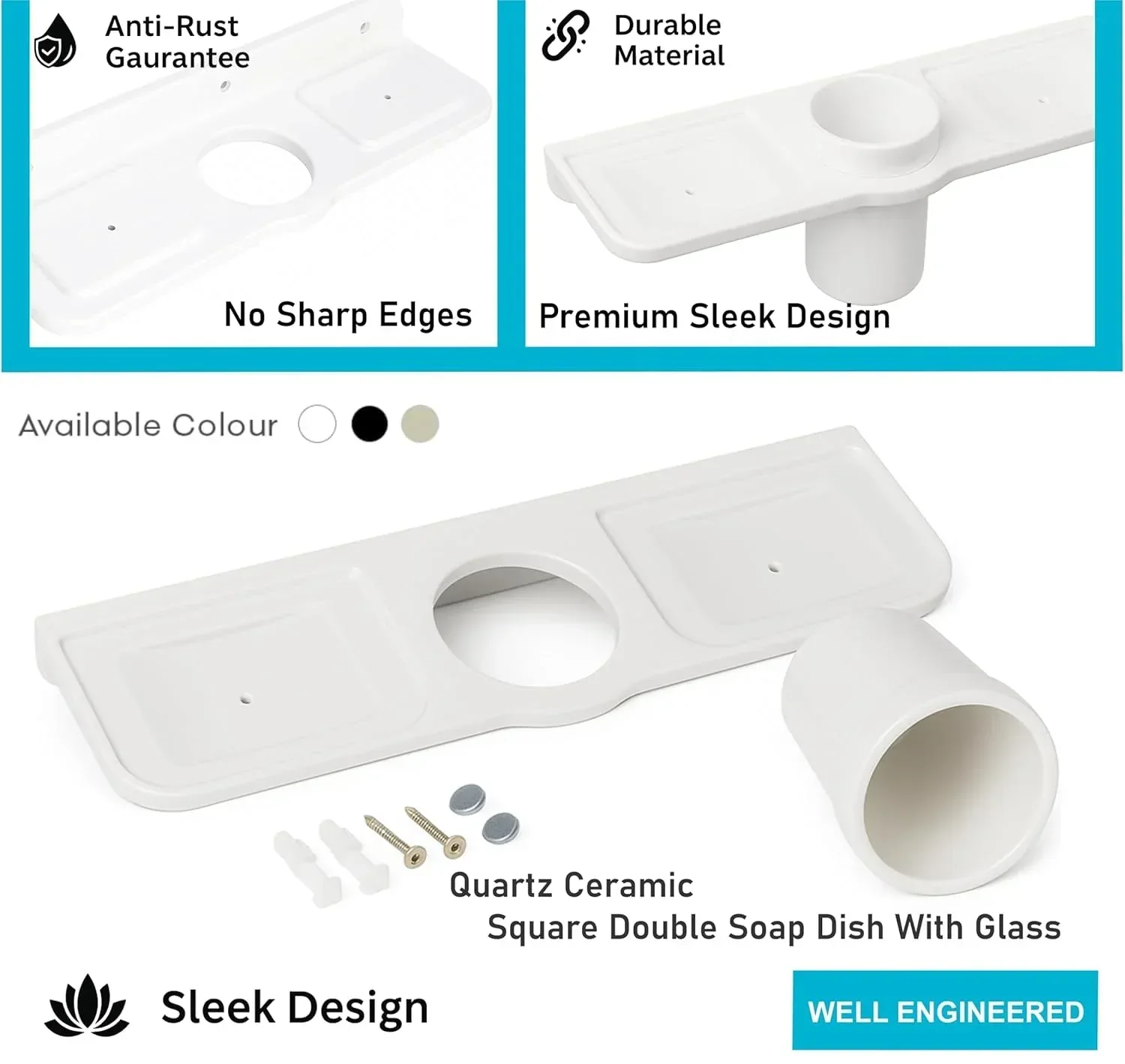 Ceramic White Unbreakable Double Soap Dish with Glass Triangular Glossy Finish (RW-119) - Image 3
