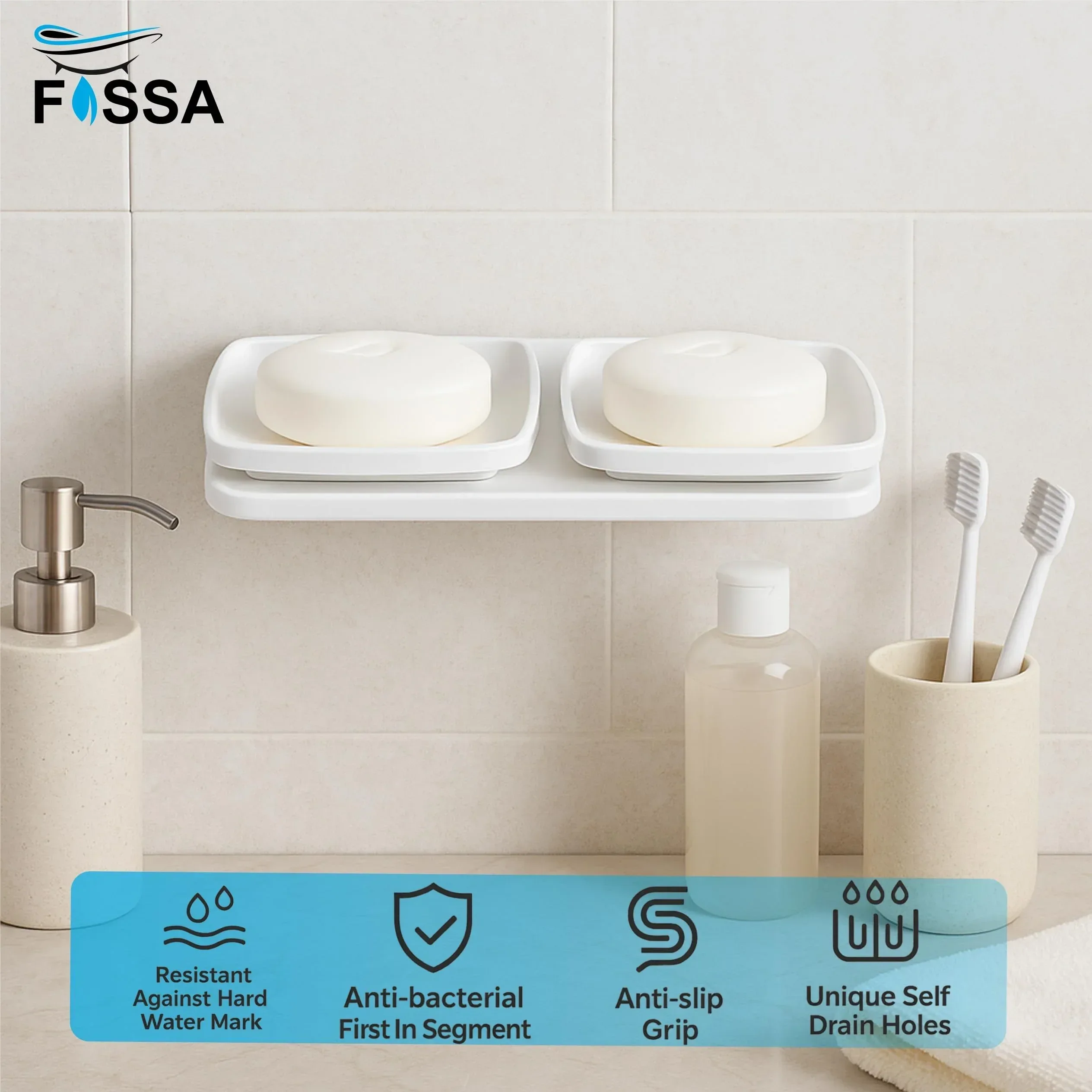 White Double Soap Dish Unbreakable Abs Square Ceramic Finish (RW-116) - Image 2