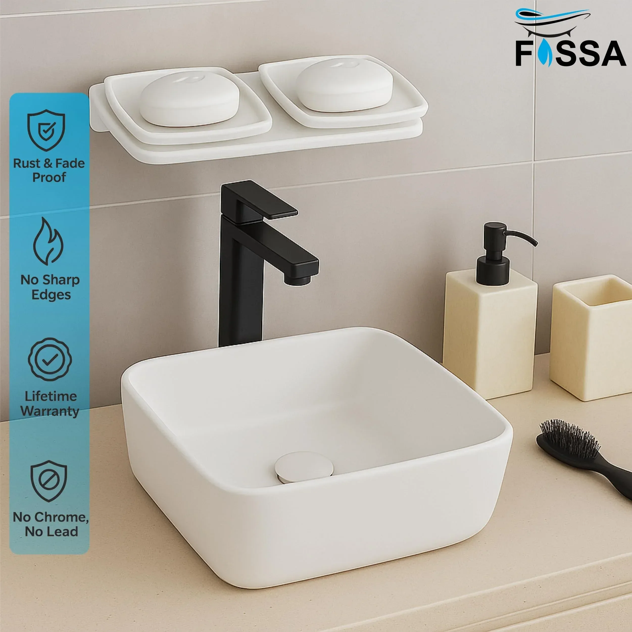 White Double Soap Dish Unbreakable Abs Square Ceramic Finish (RW-116) - Image 3