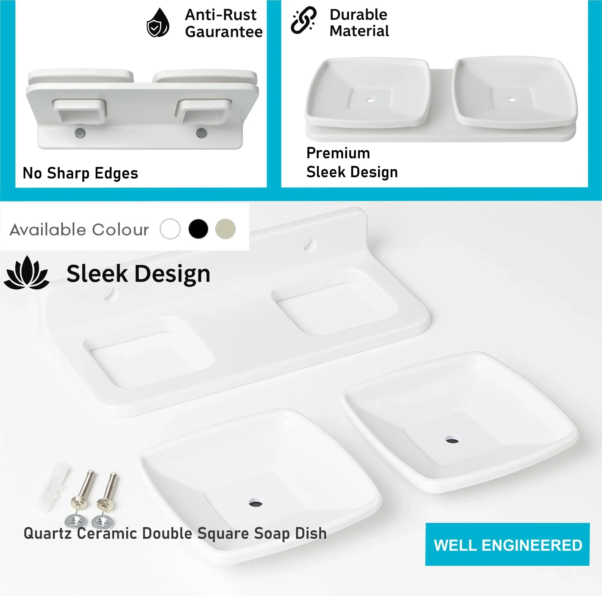 White Double Soap Dish Unbreakable Abs Square Ceramic Finish (RW-116) - Image 4