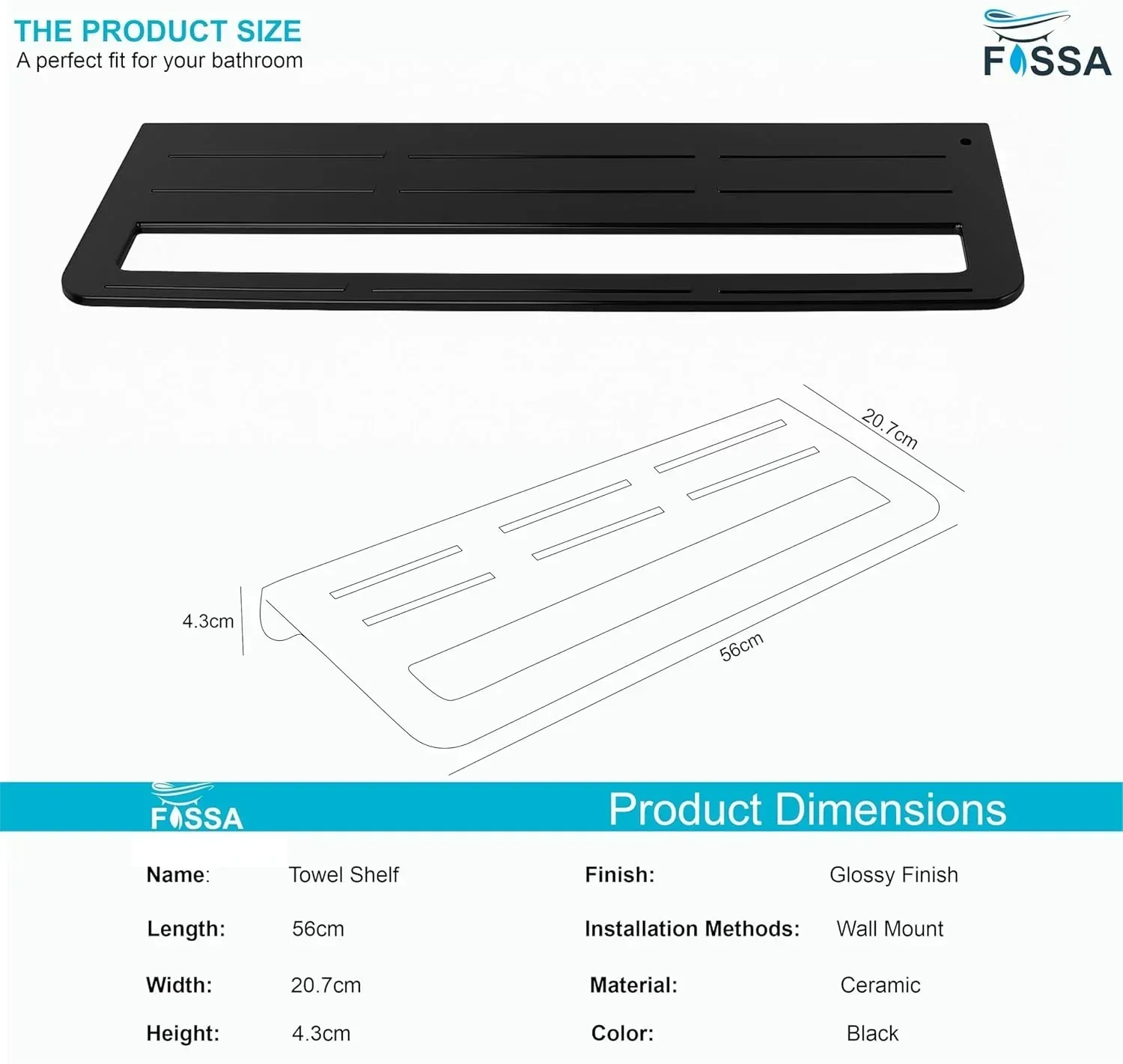 Ceramic Wall Mounted Towel Shelf Black Quartz (RB-127) - Image 2