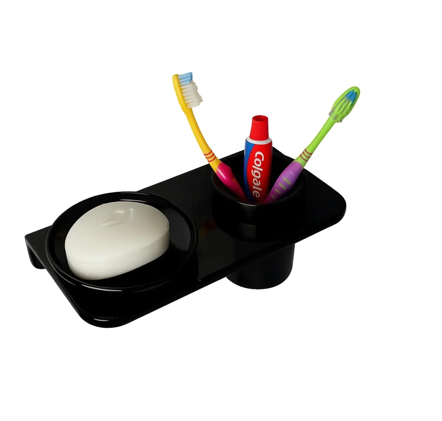 Ceramic Black Soap Dish with Toothbrush Holder Unbreakable Round Glossy Finish (RB-120)