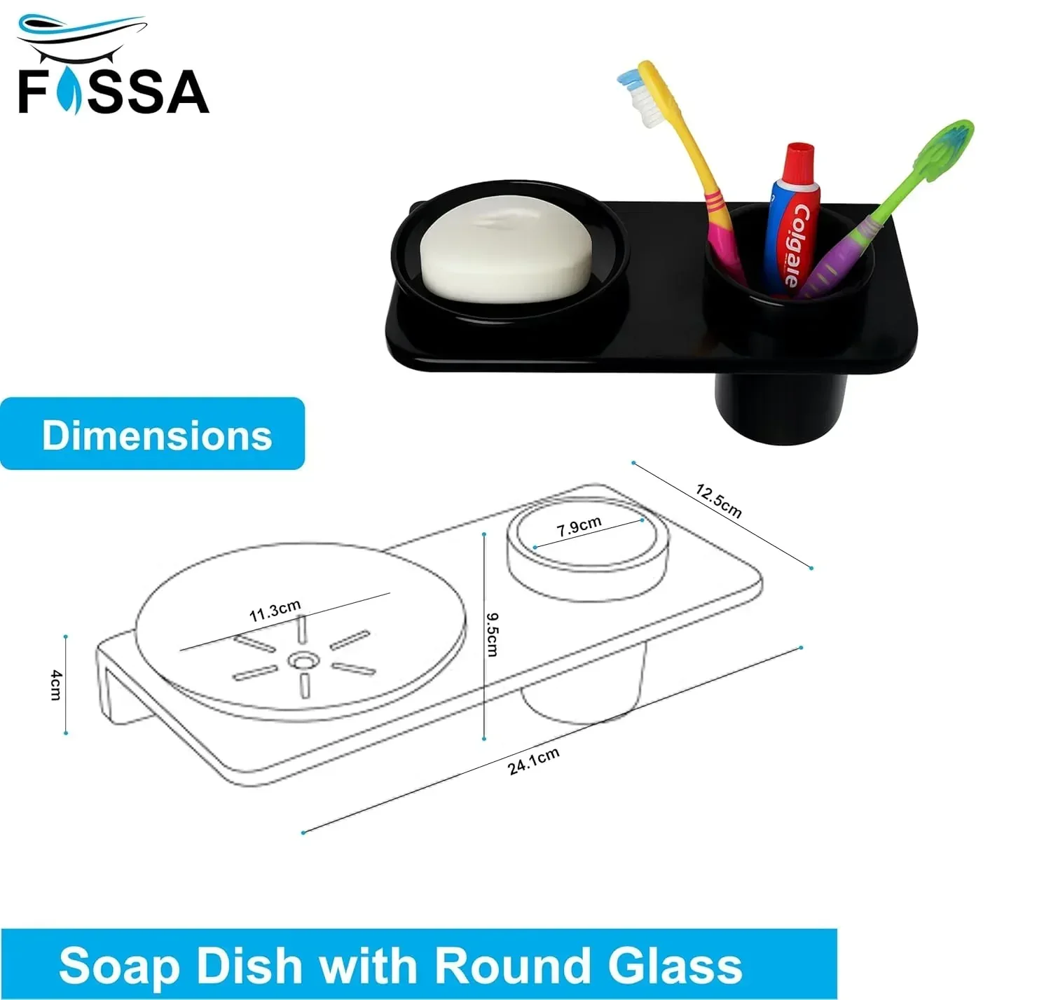 Ceramic Black Soap Dish with Toothbrush Holder Unbreakable Round Glossy Finish (RB-120) - Image 2