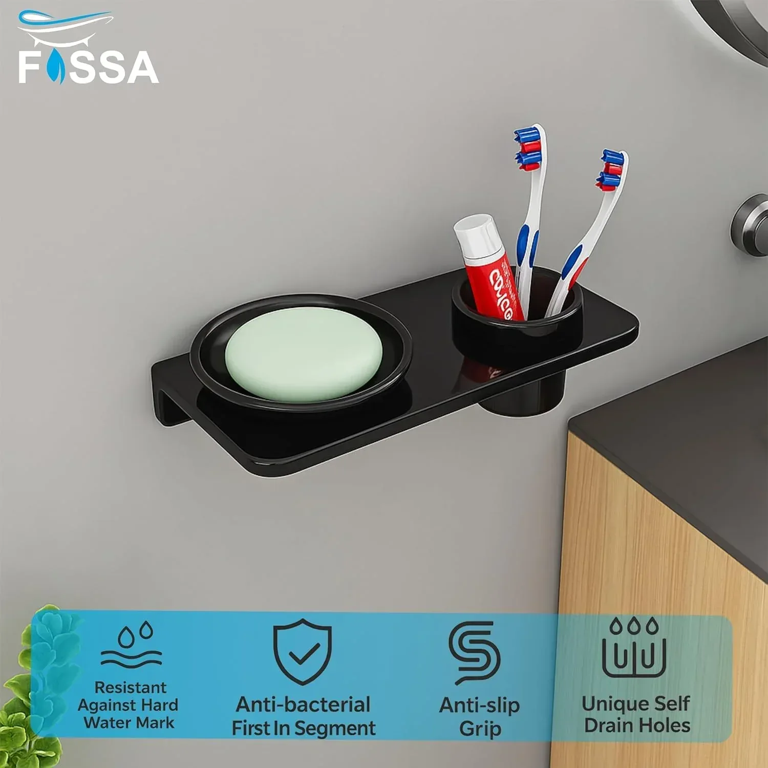 Ceramic Black Soap Dish with Toothbrush Holder Unbreakable Round Glossy Finish (RB-120) - Image 3