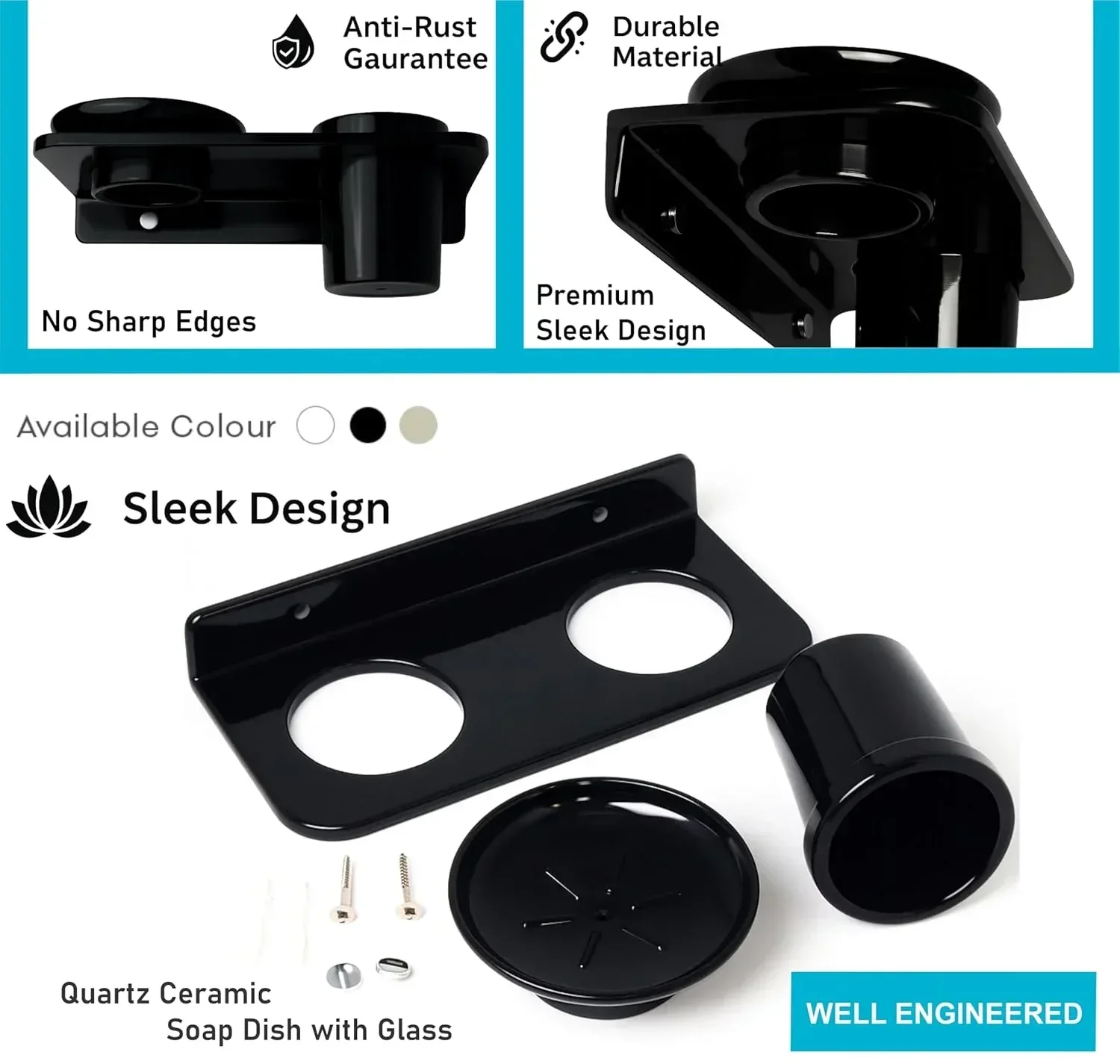Ceramic Black Soap Dish with Toothbrush Holder Unbreakable Round Glossy Finish (RB-120) - Image 4