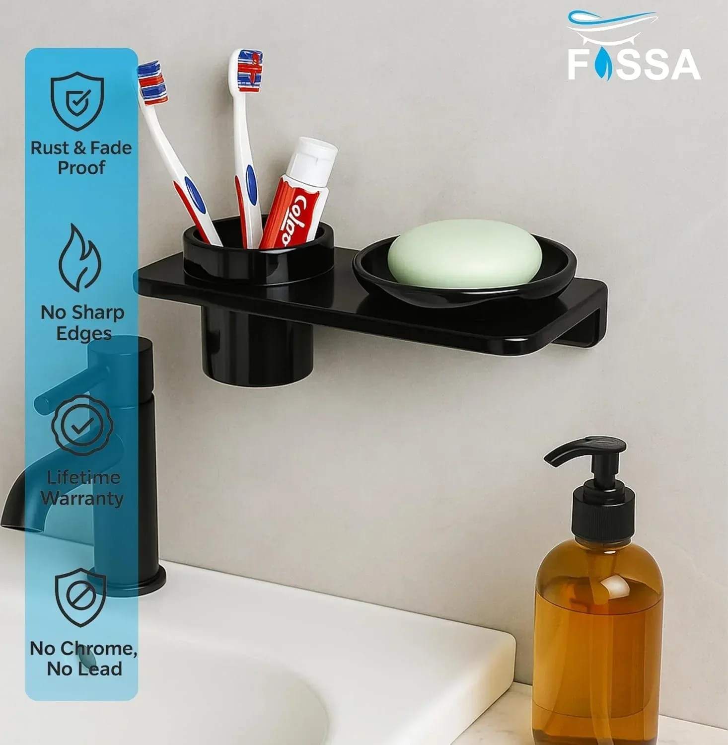 Ceramic Black Soap Dish with Toothbrush Holder Unbreakable Round Glossy Finish (RB-120) - Image 5