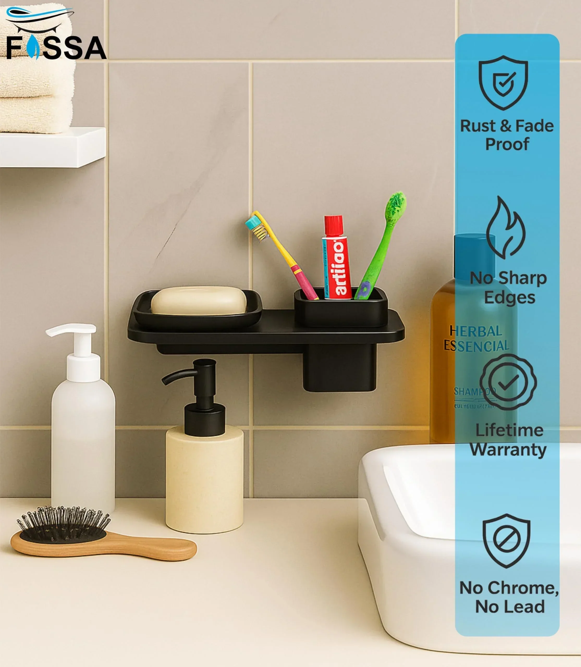 Ceramic Black Soap Dish with Toothbrush Holder Unbreakable Rectangular Glossy Finish (RB-114) - Image 3