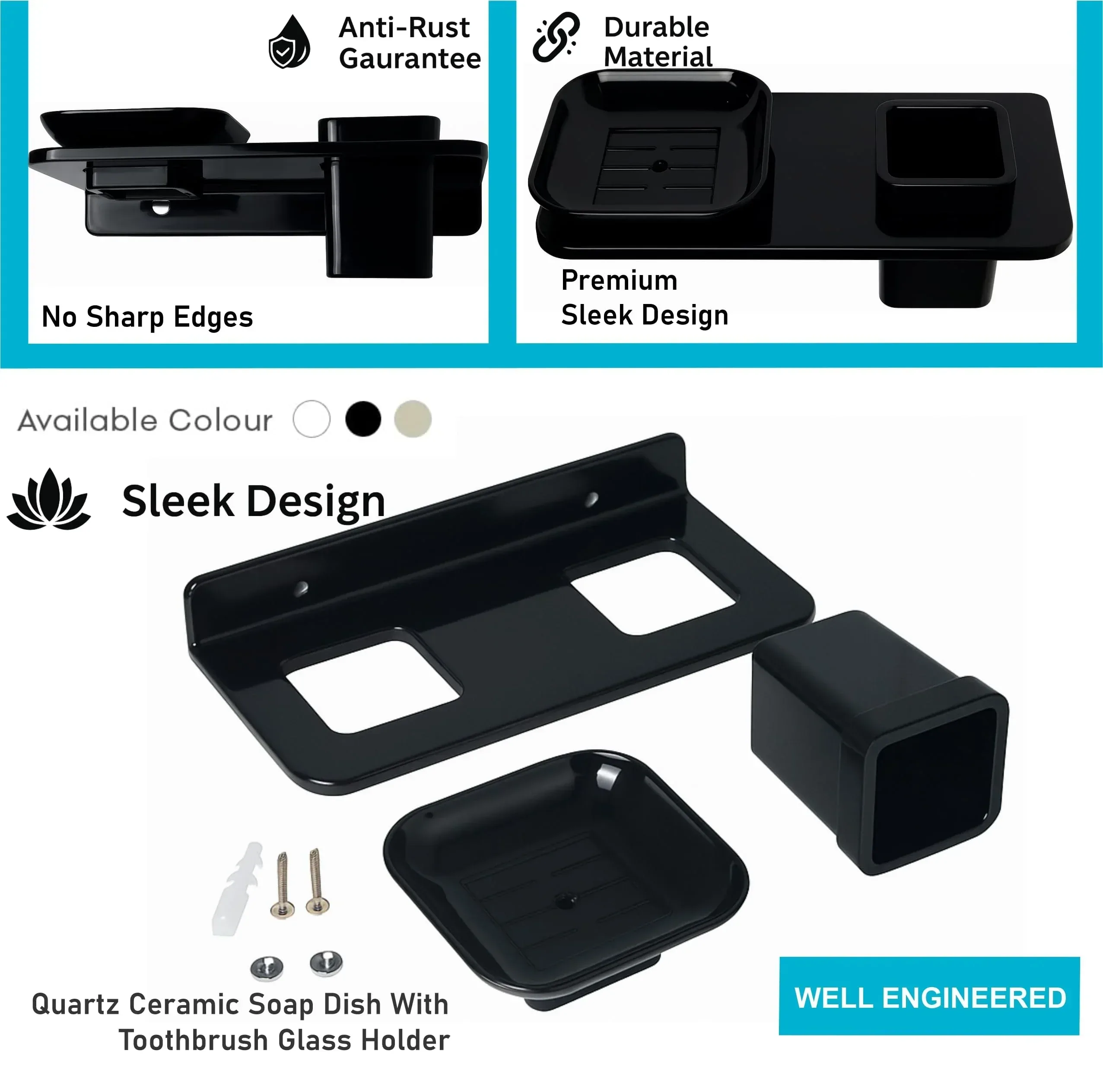 Ceramic Black Soap Dish with Toothbrush Holder Unbreakable Rectangular Glossy Finish (RB-114) - Image 4