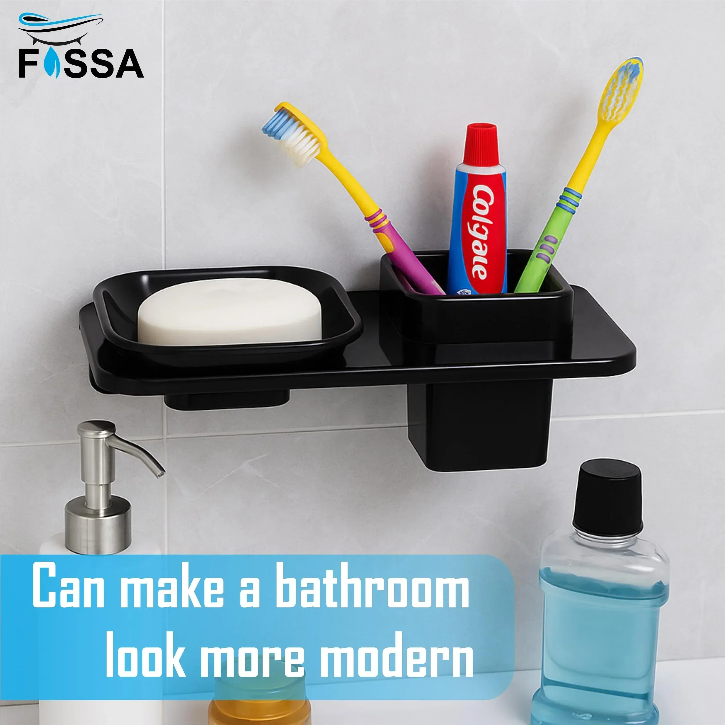 Ceramic Black Soap Dish with Toothbrush Holder Unbreakable Rectangular Glossy Finish (RB-114) - Image 5