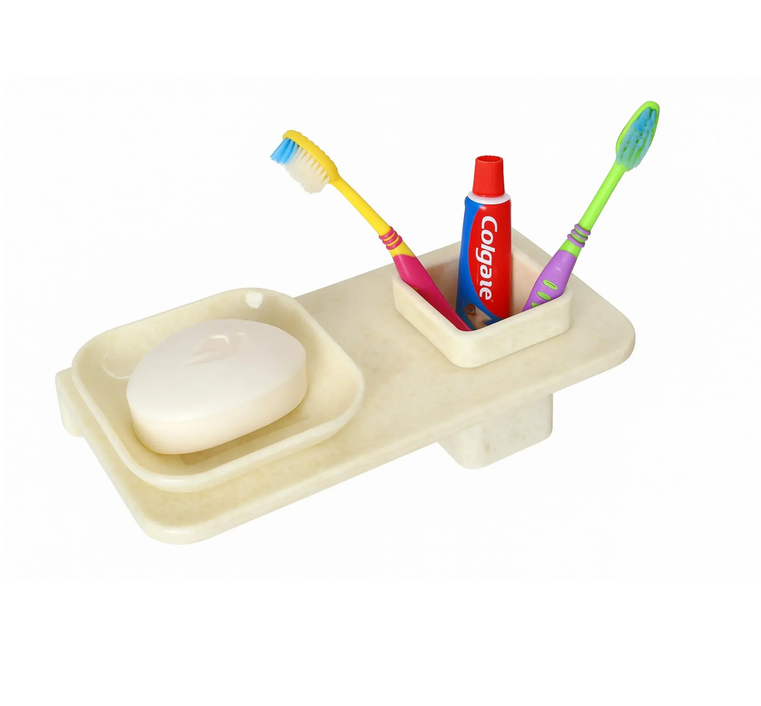 Ceramic Ivory Unbreakable Soap Dish with Toothbrush Holder Rectangular Glossy Finish (RM-114)