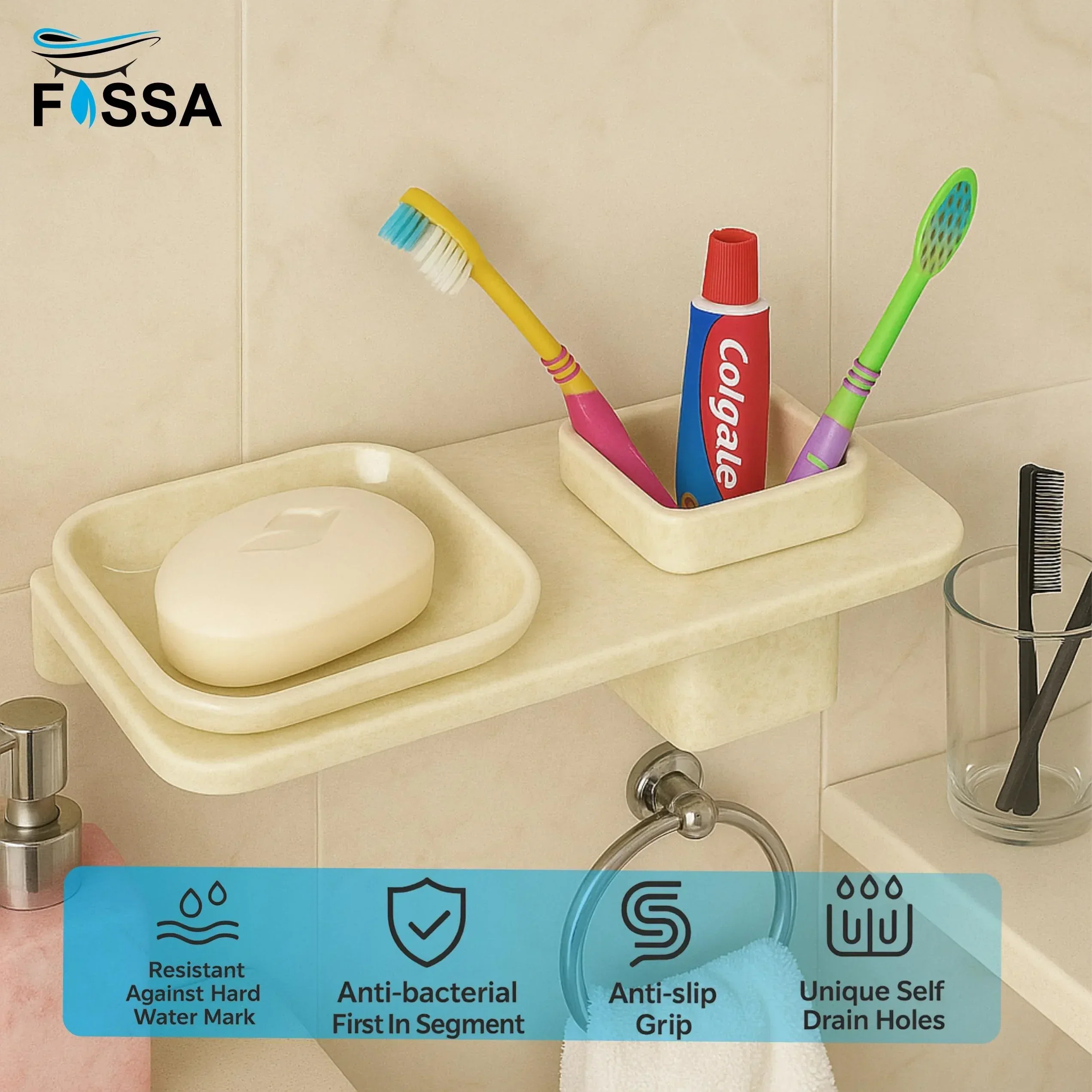 Ceramic Ivory Unbreakable Soap Dish with Toothbrush Holder Rectangular Glossy Finish (RM-114) - Image 3