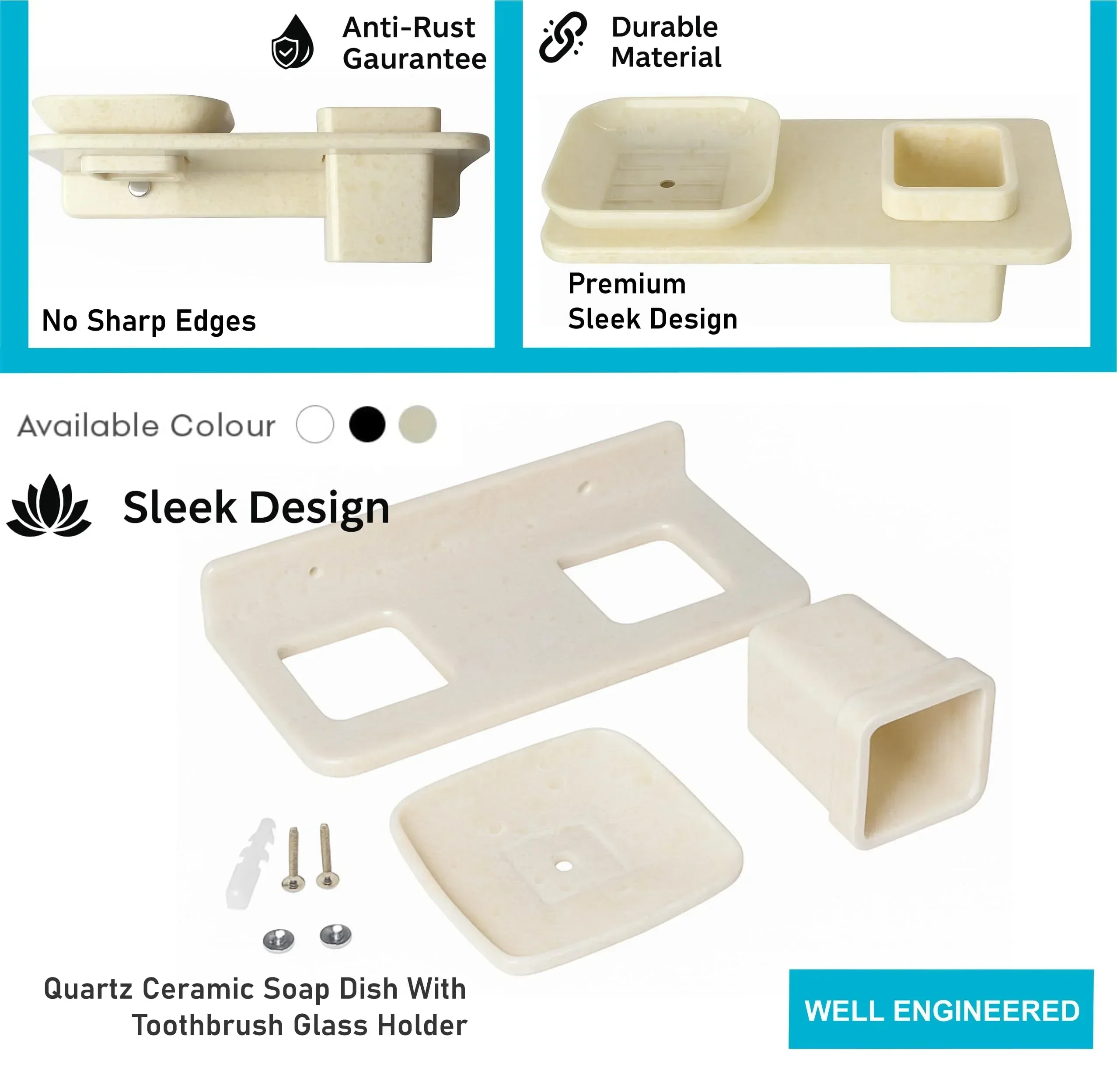 Ceramic Ivory Unbreakable Soap Dish with Toothbrush Holder Rectangular Glossy Finish (RM-114) - Image 4