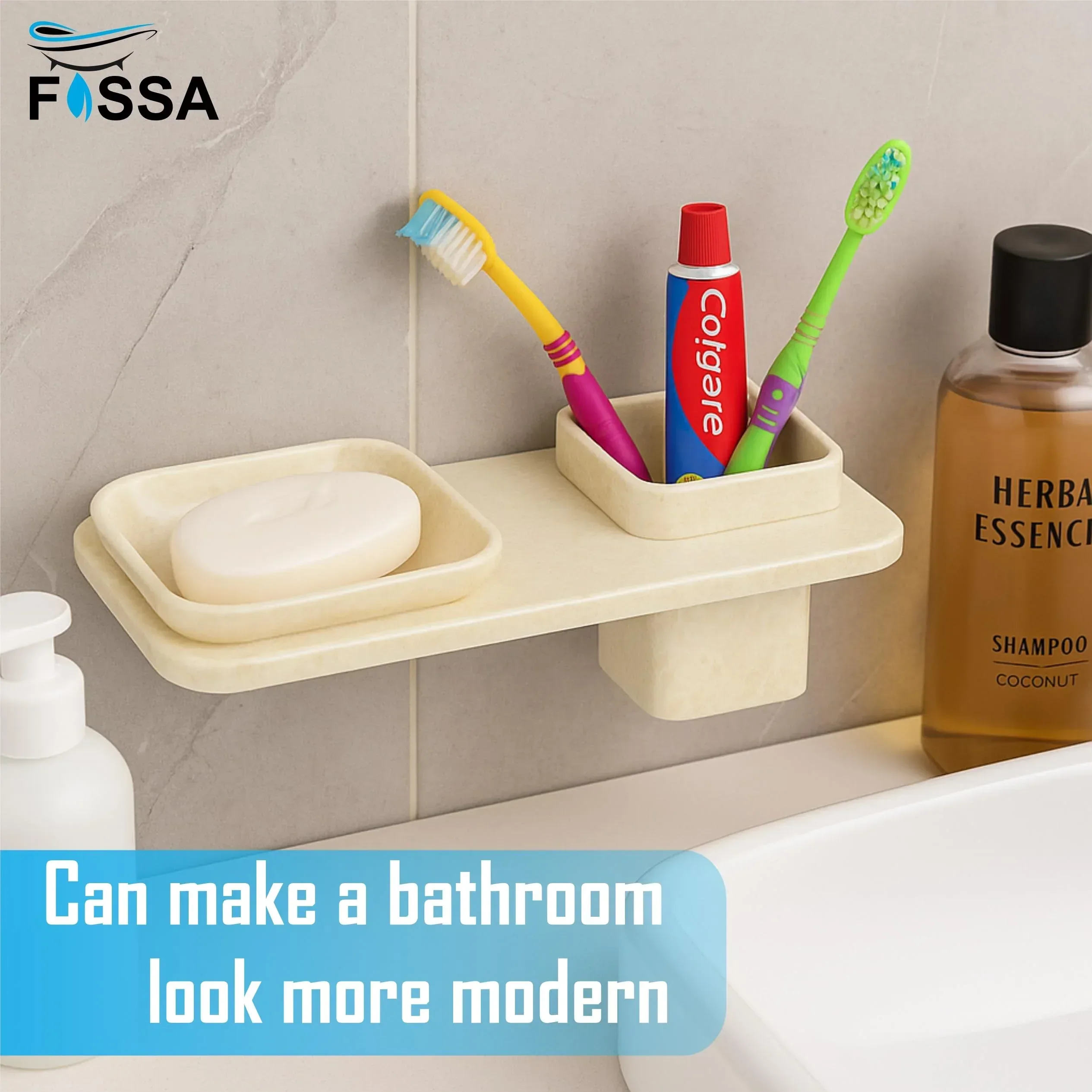 Ceramic Ivory Unbreakable Soap Dish with Toothbrush Holder Rectangular Glossy Finish (RM-114) - Image 5