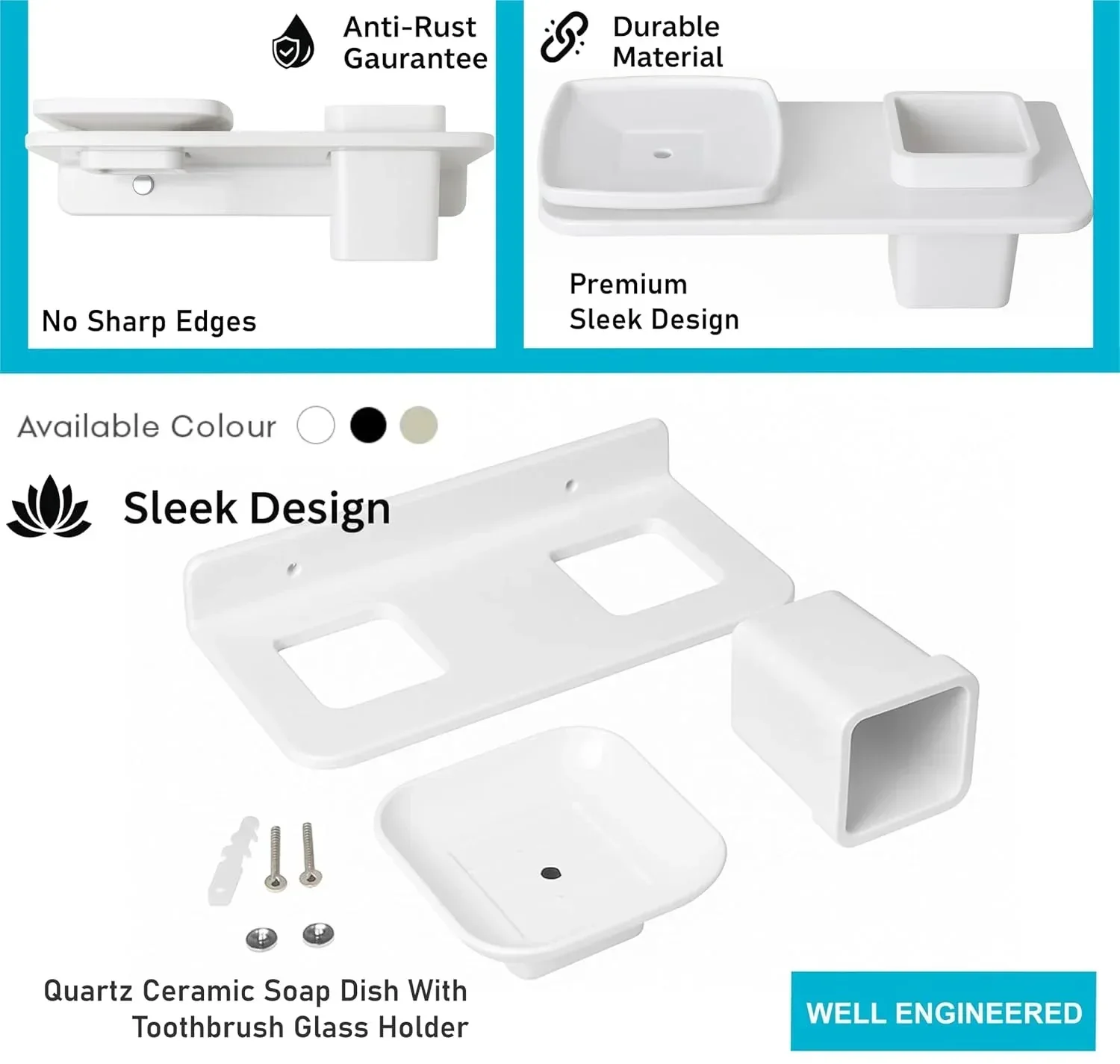 Ceramic White Unbreakable Soap Dish with Toothbrush Holder Rectangular Glossy Finish (RW-114) - Image 4