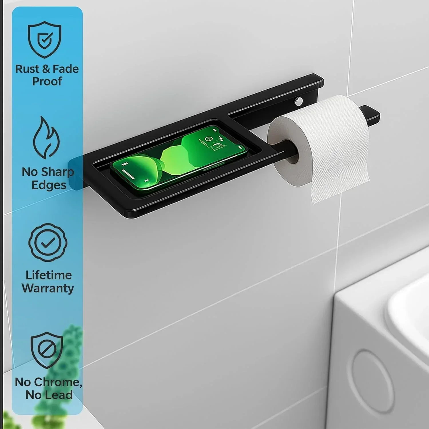 Ceramic Black Toilet Paper Holder with Mobile Stand (RB-125) - Image 2