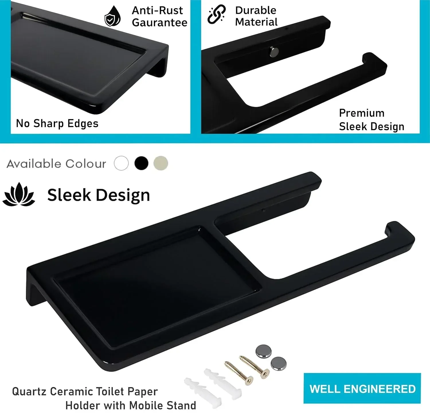 Ceramic Black Toilet Paper Holder with Mobile Stand (RB-125) - Image 3