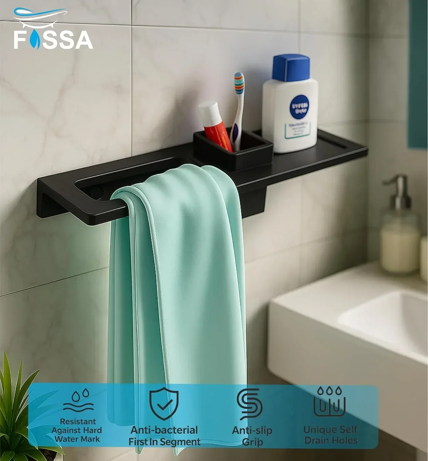 Ceramic Towel Ring & Brush Holder Glossy Black (RB-128) - Image 2