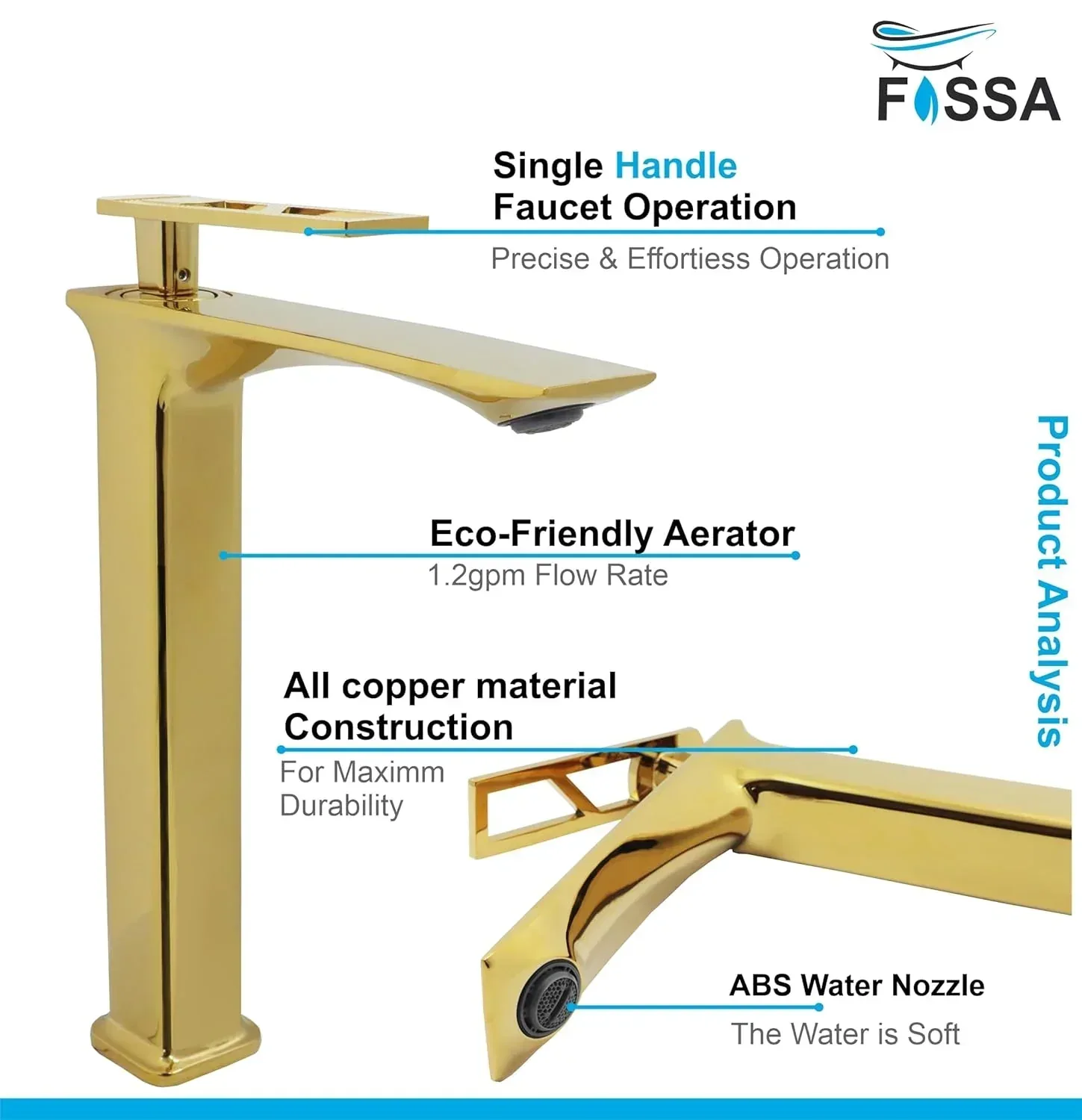 Classy Extended Body Brass Wash Basin Mixer Tap (Gold) - Image 3