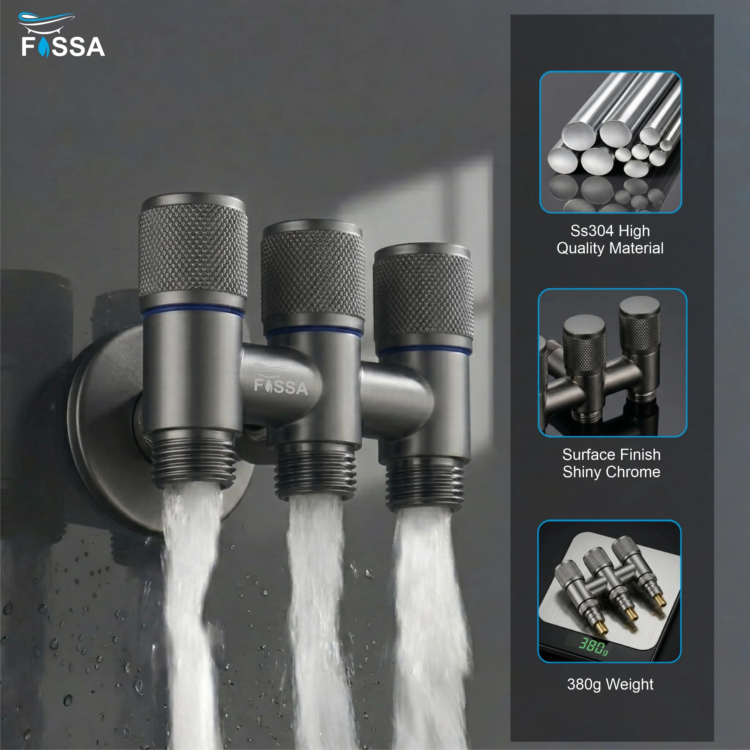 Curio 3  Way Grey Stainless Steel Laundry Angle Valve With Nozzle - Image 7