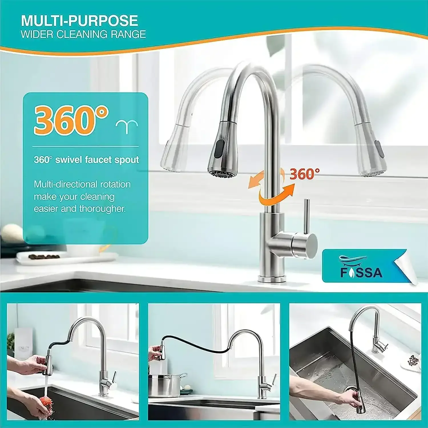 Dual-Flow Pull-Out 360° Hot & Cold Kitchen Mixer Faucet Silver Light Weight - Image 4