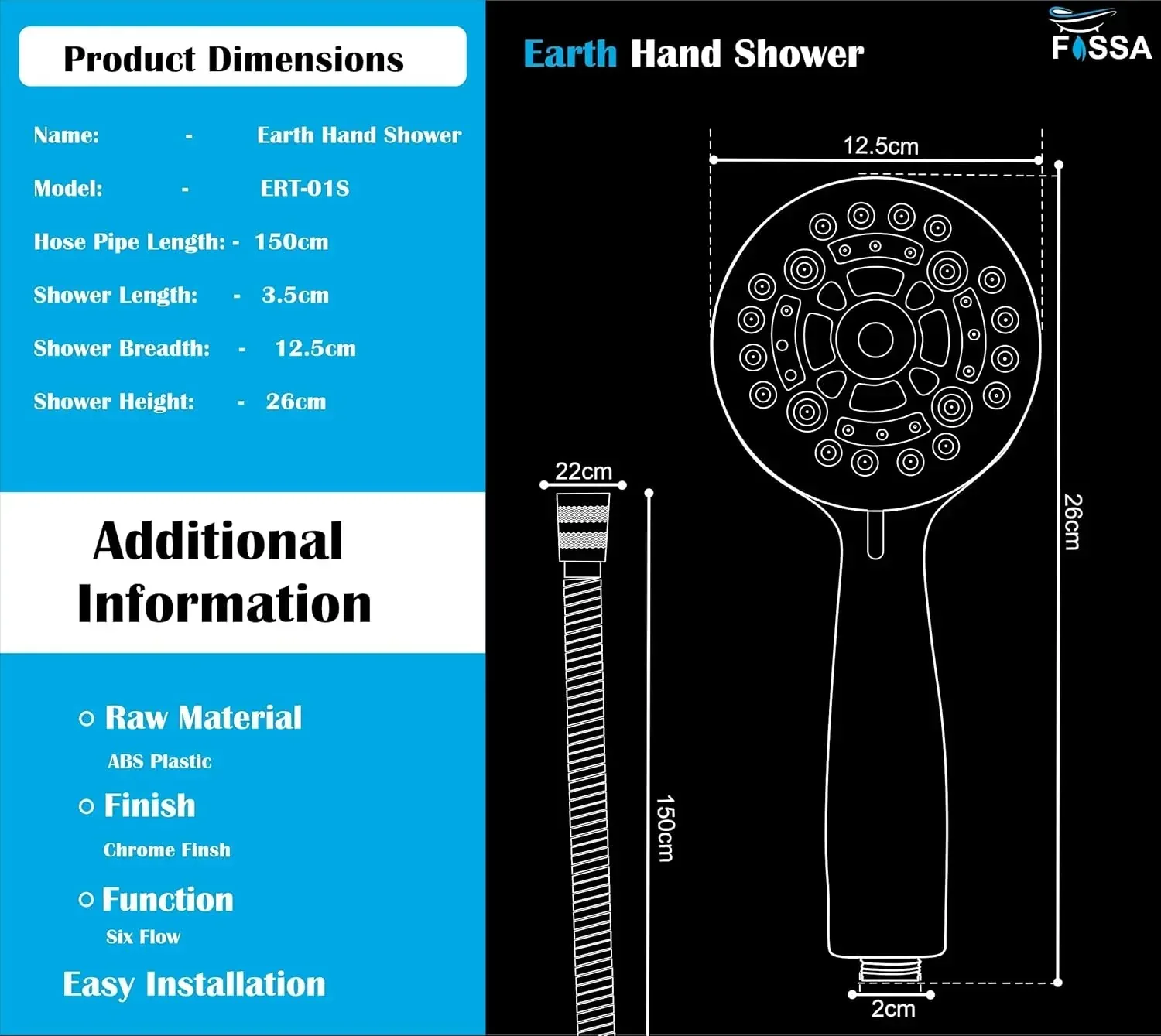 Earth 6 Sprey Modes Chrome Finish Hand Shower With 1.5 Meter Hose Pipe & Hook - Image 2