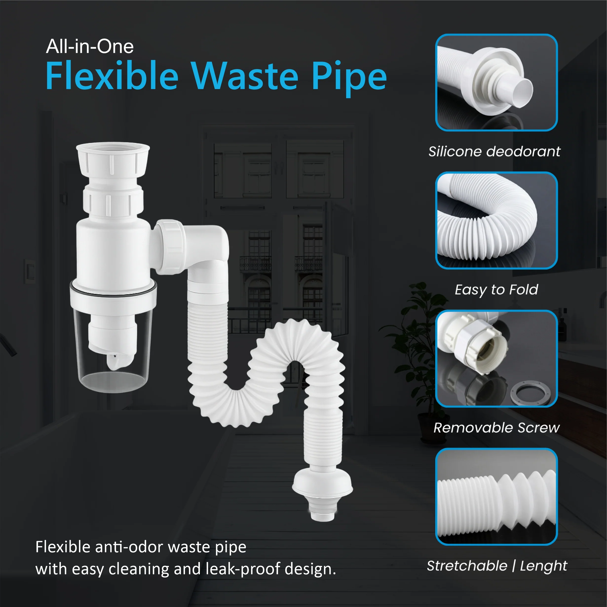 Flexible Wash basin Pipe with Cup Trap (White) - Image 4
