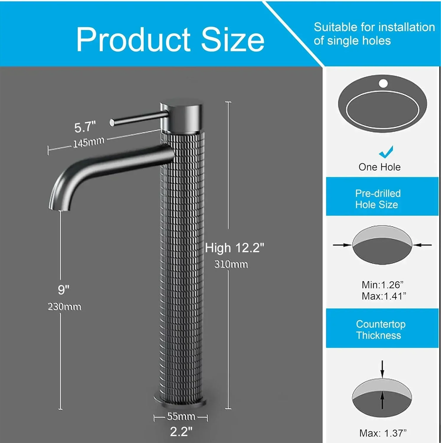 Fossa 12" Vitro Brass Wash Basin Mixer Tap Hot & Cold Black - Image 2