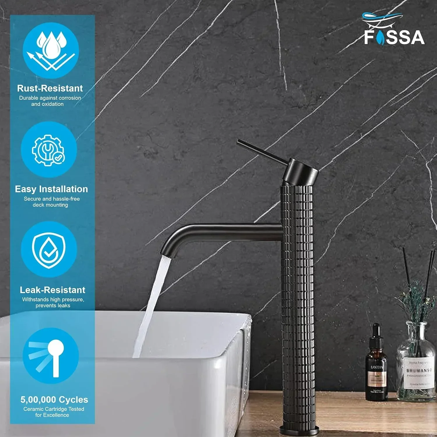 Fossa 12" Vitro Brass Wash Basin Mixer Tap Hot & Cold Black - Image 3