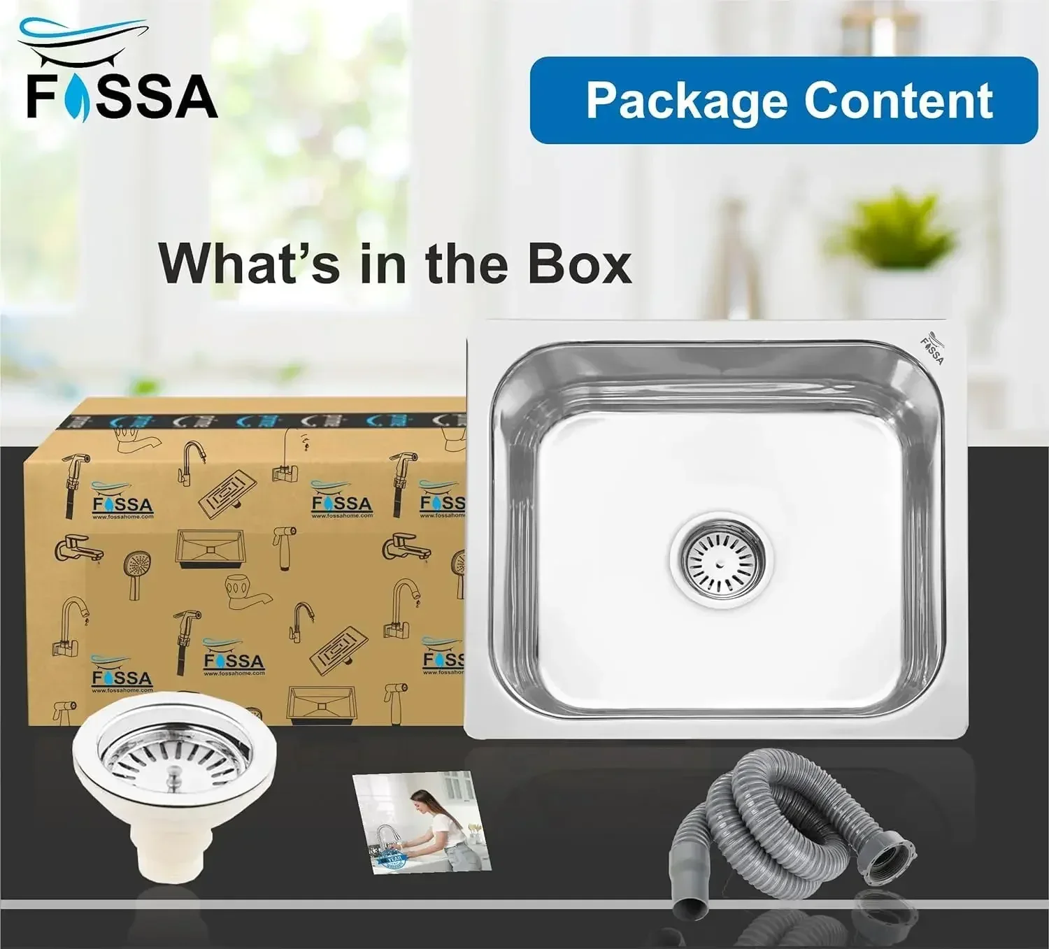 Fossa 18"X16"X09" Single Bowl Stainless Steel Kitchen Sink With SS Coupling Glossy Finish FIS-001 J - Image 2