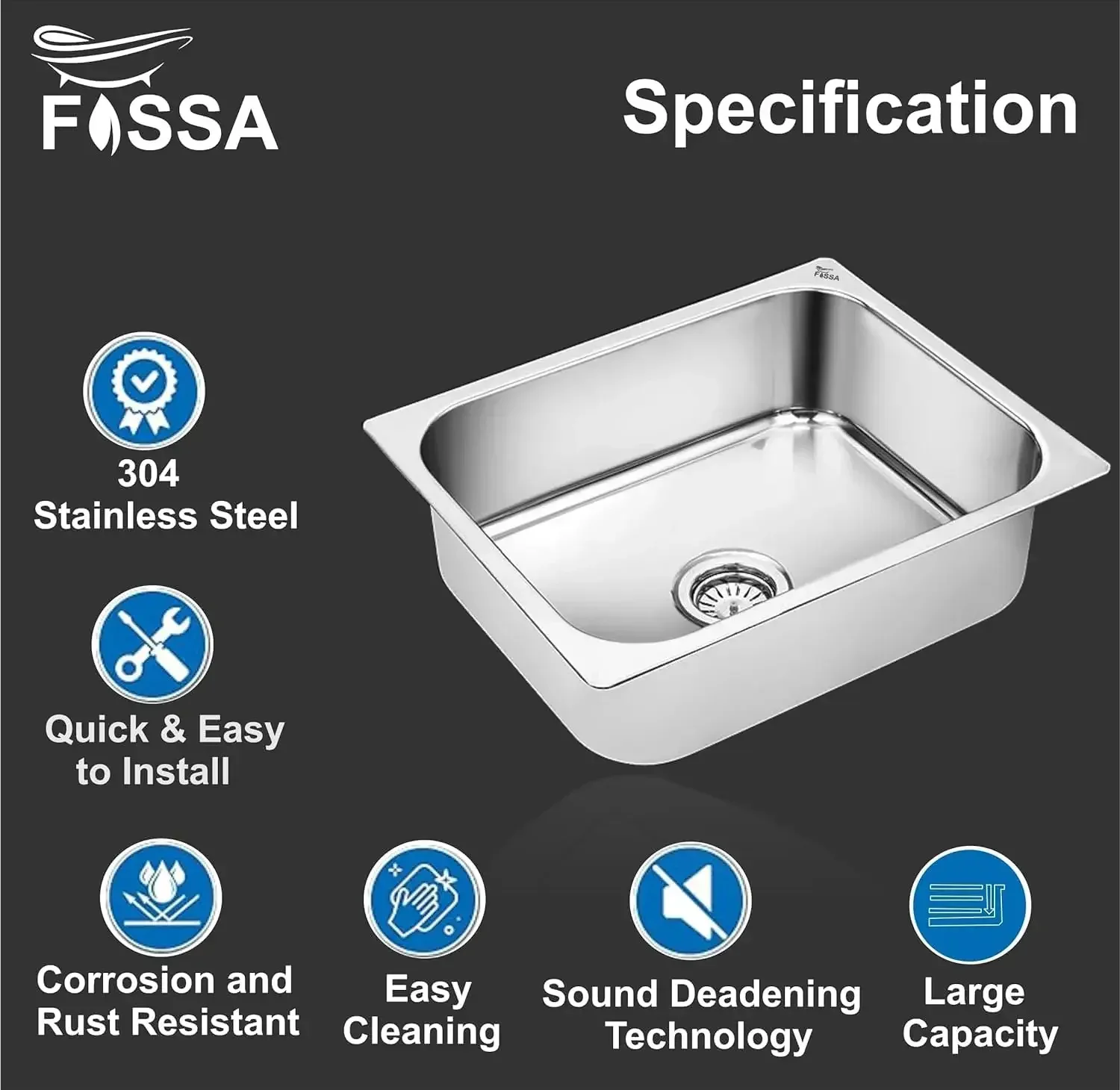 Fossa 18"X16"X09" Single Bowl Stainless Steel Kitchen Sink With SS Coupling Glossy Finish FIS-001 J - Image 3
