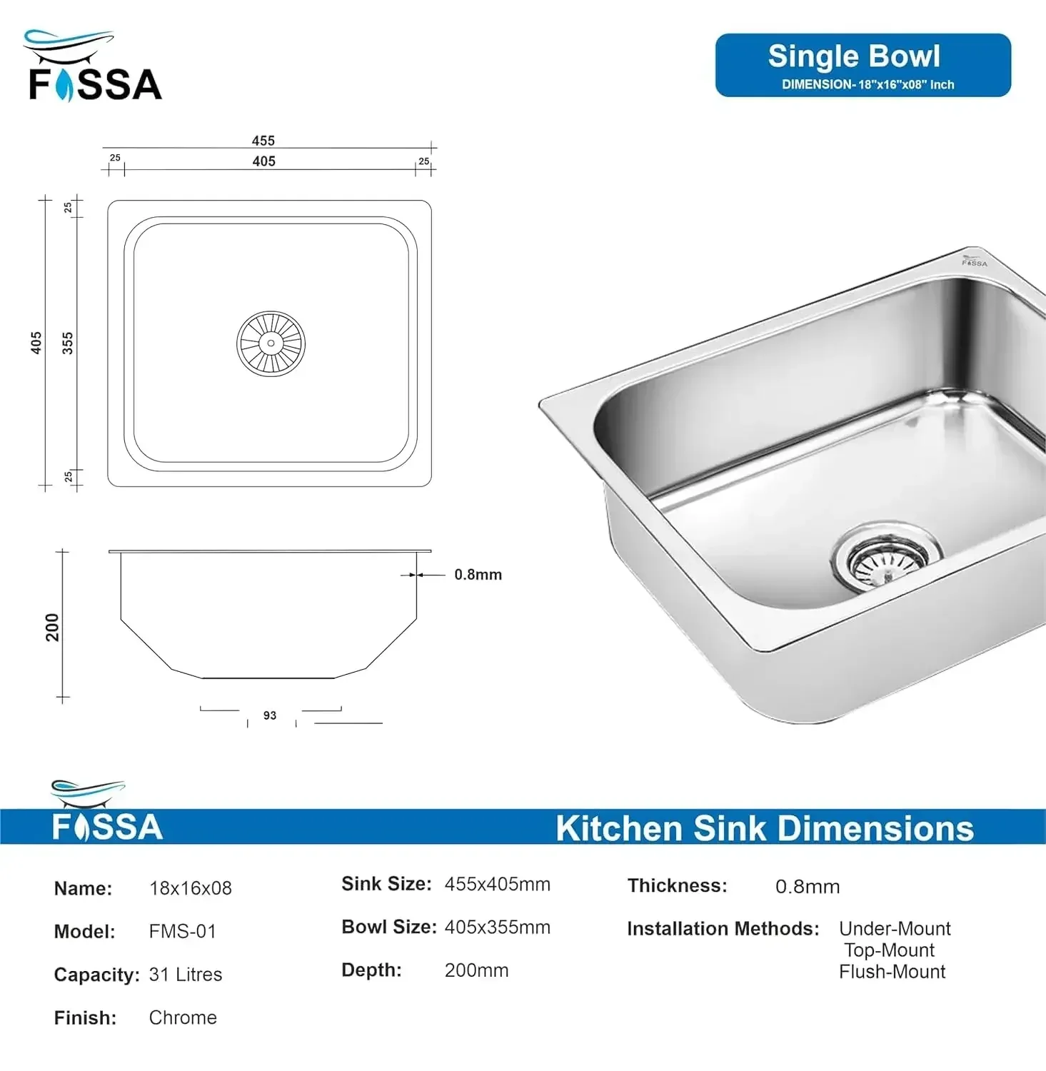 Fossa 18"X16"X09" Single Bowl Stainless Steel Kitchen Sink With SS Coupling Glossy Finish FIS-001 J - Image 5