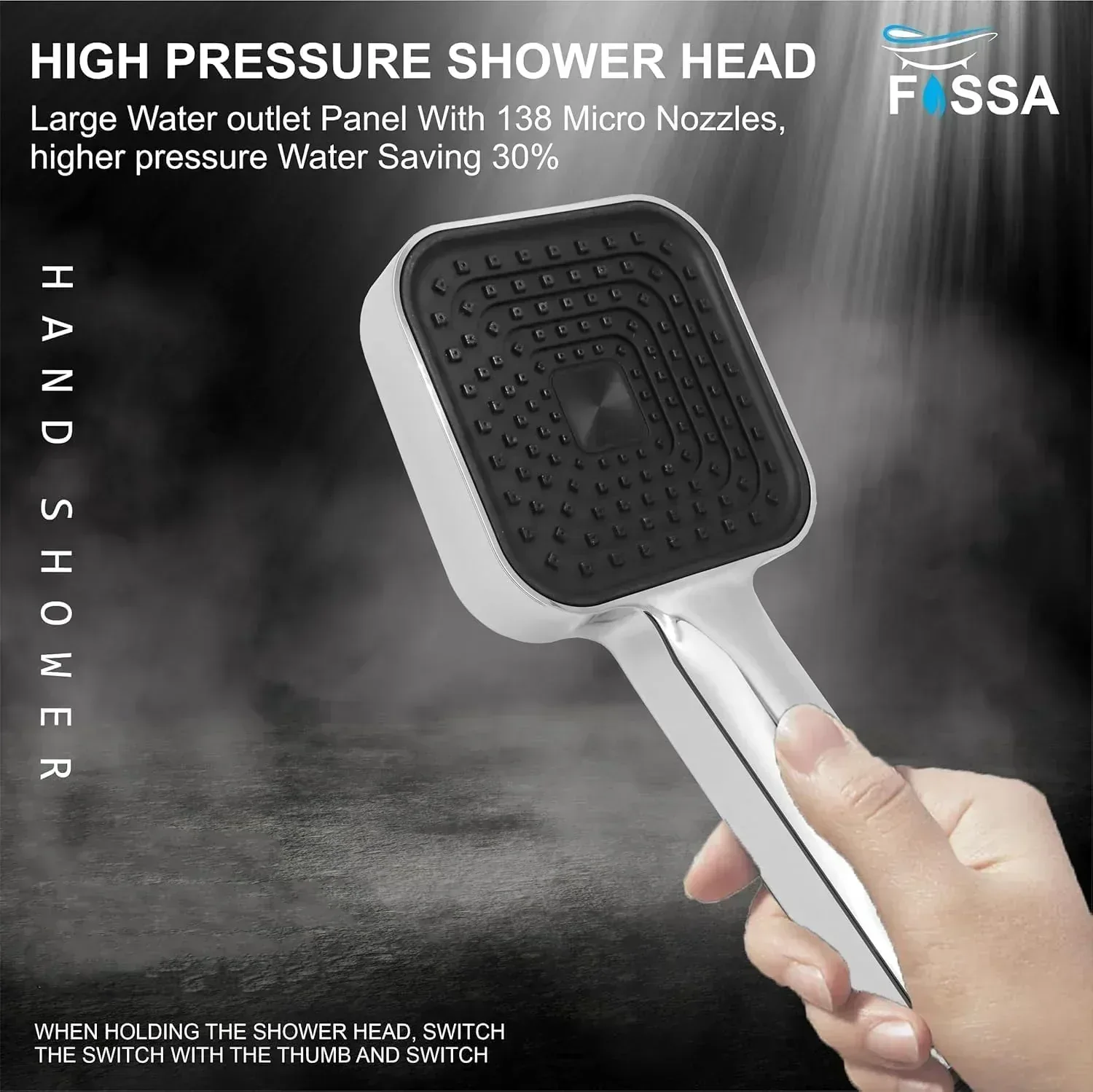 Fossa Alpha Wave Hand Shower – Handheld Shower Head with 2 Spray Modes, ABS Body, | Chrome Finish for Modern Bathrooms only hand shower - Image 2