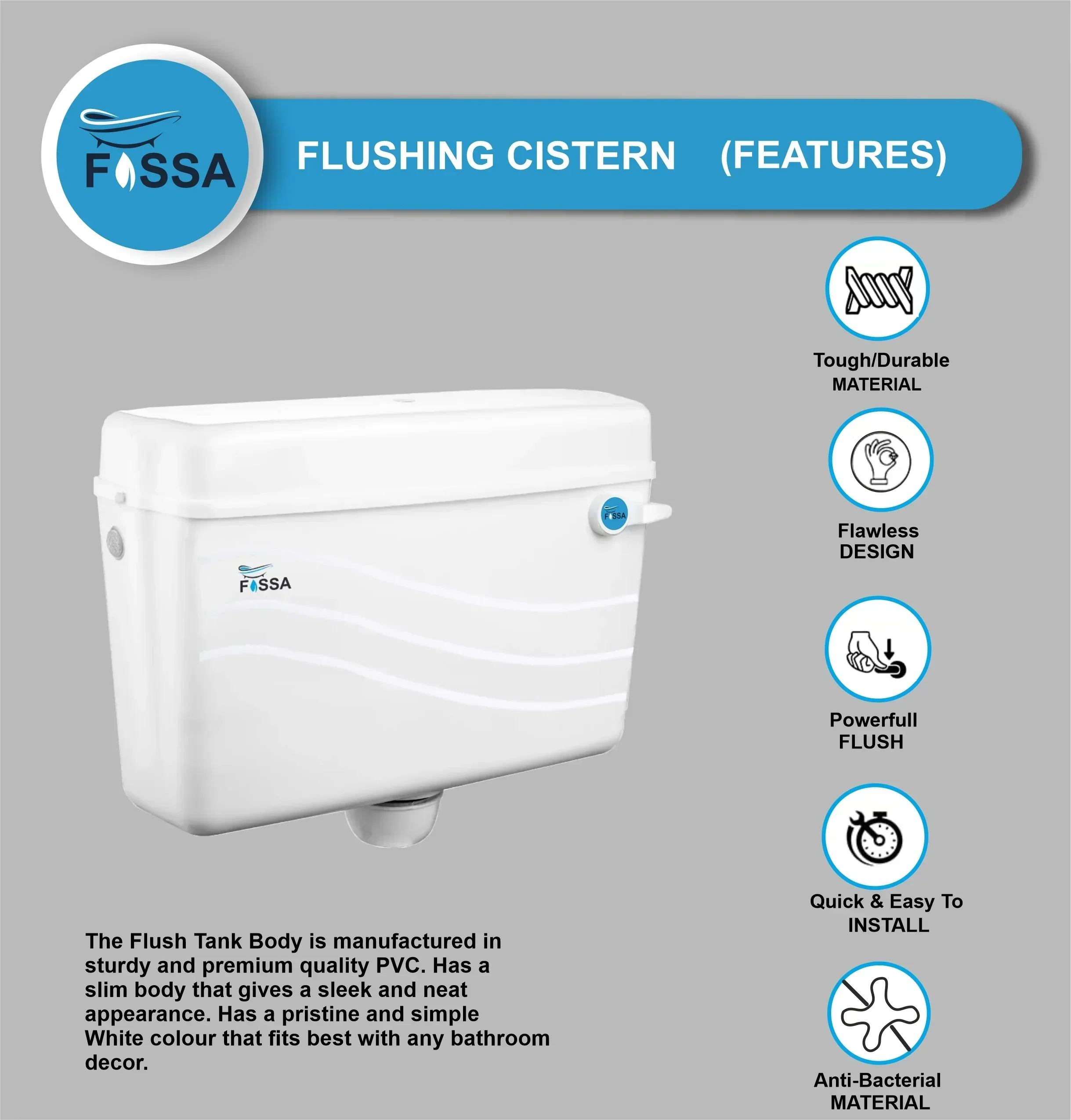Fossa Flushing Cistern (9 Ltr) Capacity Side Handle Flush Tank White - Image 3