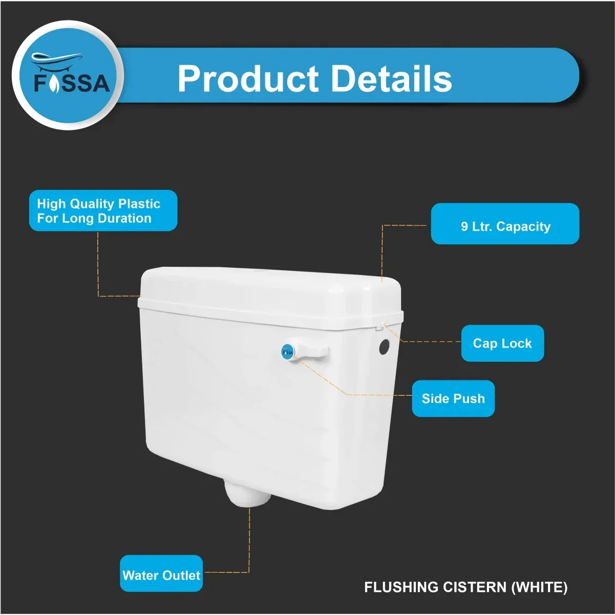 Fossa Flushing Cistern (9 Ltr) Capacity Side Handle Flush Tank White - Image 5
