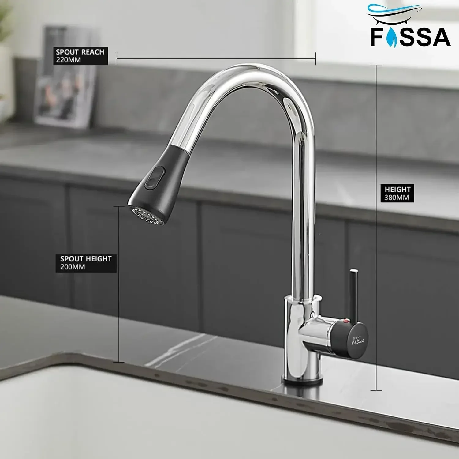 Fossa Kitchen Sink Mixer Tap with Pull Down Sprayer - Black Chrome - Image 2