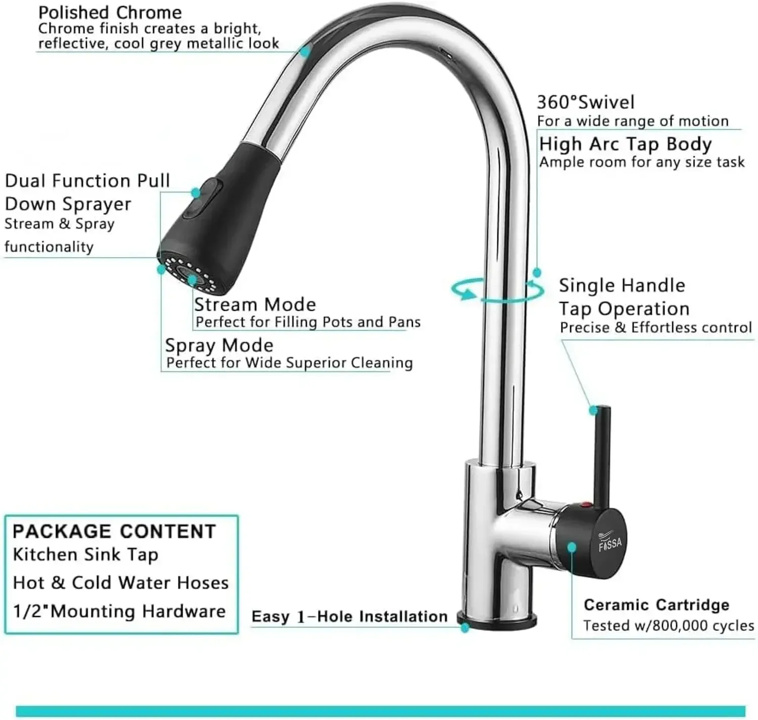 Fossa Kitchen Sink Mixer Tap with Pull Down Sprayer - Black Chrome - Image 3