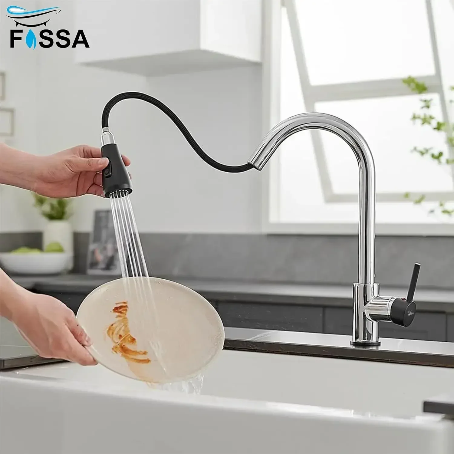 Fossa Kitchen Sink Mixer Tap with Pull Down Sprayer - Black Chrome - Image 4