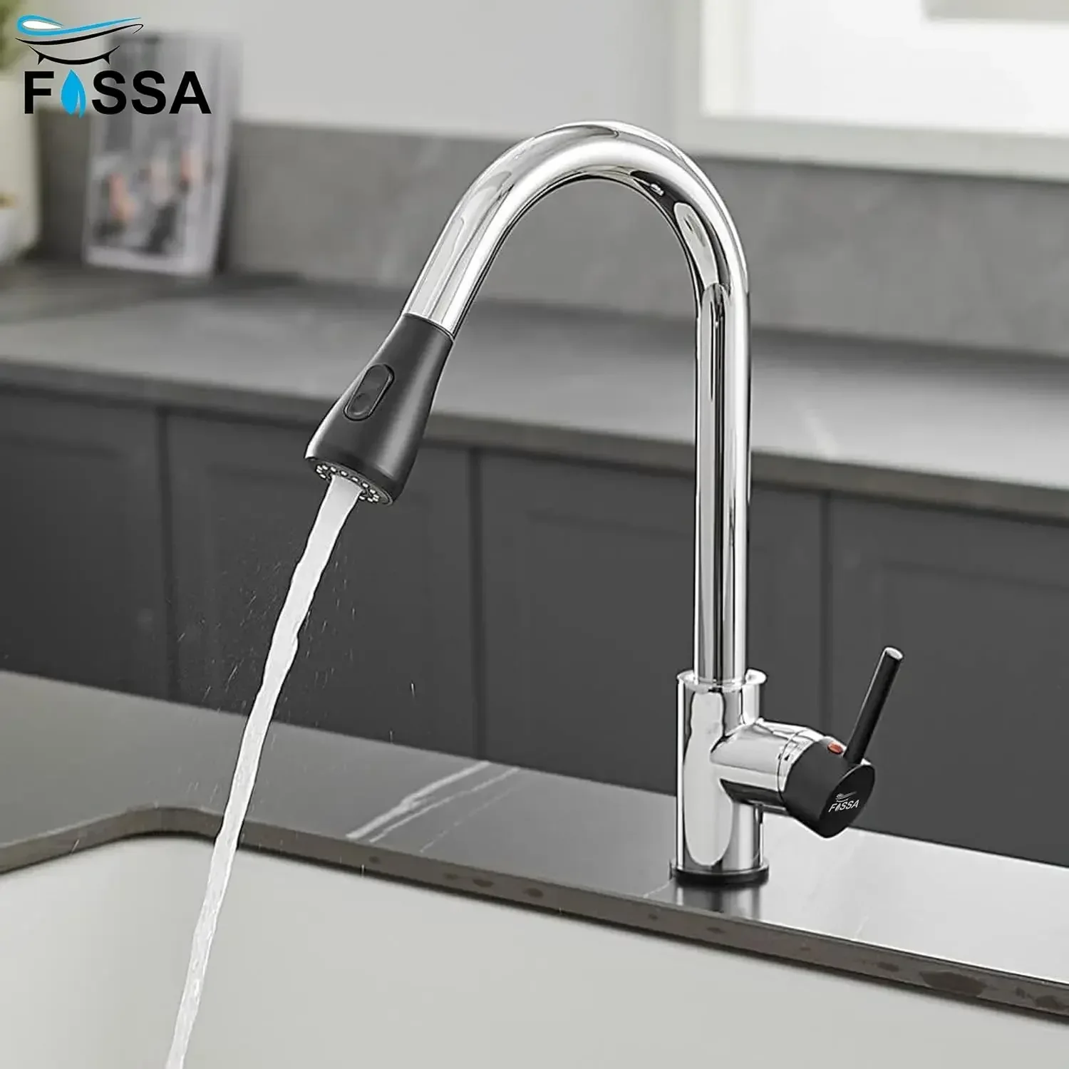 Fossa Kitchen Sink Mixer Tap with Pull Down Sprayer - Black Chrome - Image 5