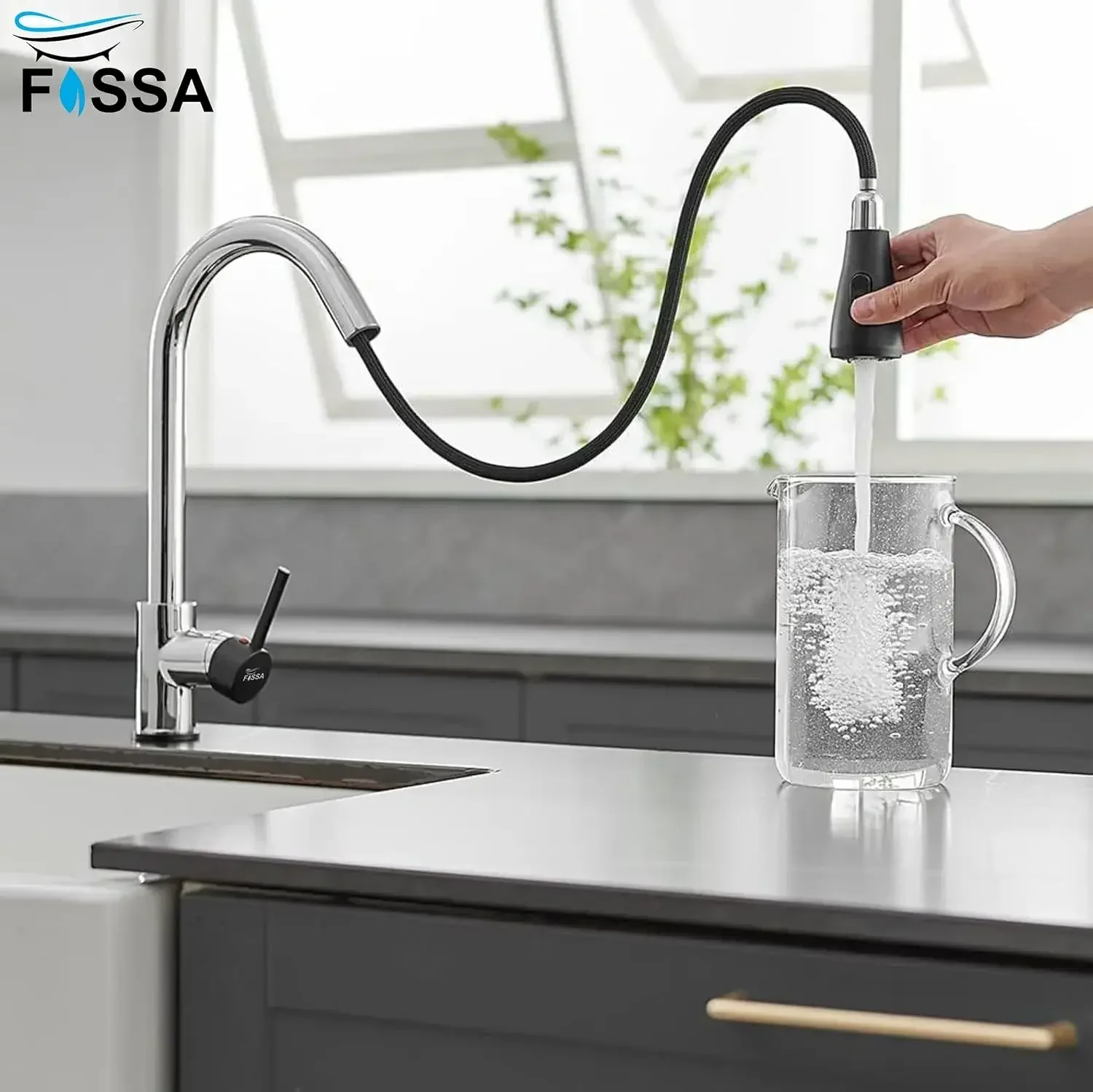 Fossa Kitchen Sink Mixer Tap with Pull Down Sprayer - Black Chrome - Image 6