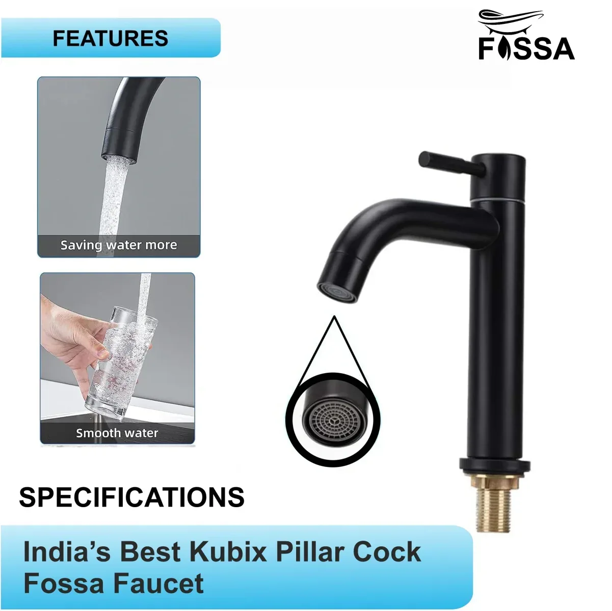 Fossa kubix 9" Inch Pillar Cock Tap Faucet for Wash Basin Water Wash Basin SS-304 Pillar Tap with Black Matte Finish for Bathroom,Washbasin,Deck Mount,Table Mount - Image 4