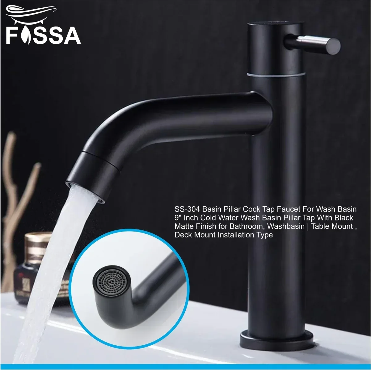 Fossa kubix 9" Inch Pillar Cock Tap Faucet for Wash Basin Water Wash Basin SS-304 Pillar Tap with Black Matte Finish for Bathroom,Washbasin,Deck Mount,Table Mount - Image 7